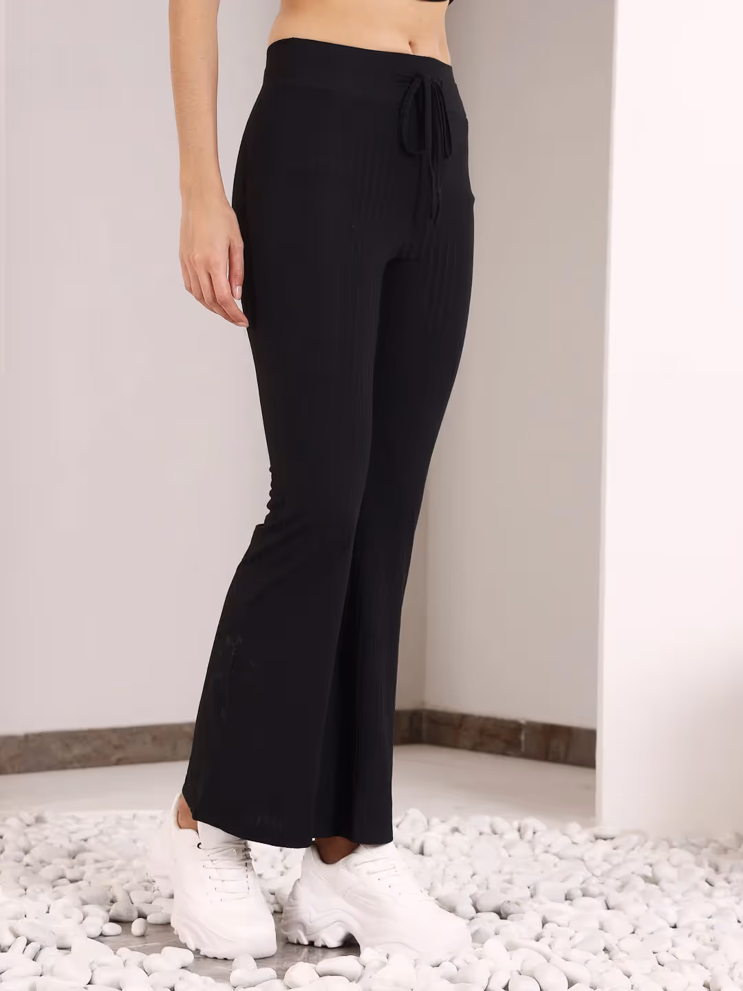 Black Rib Drawstring Flare Pants image 3