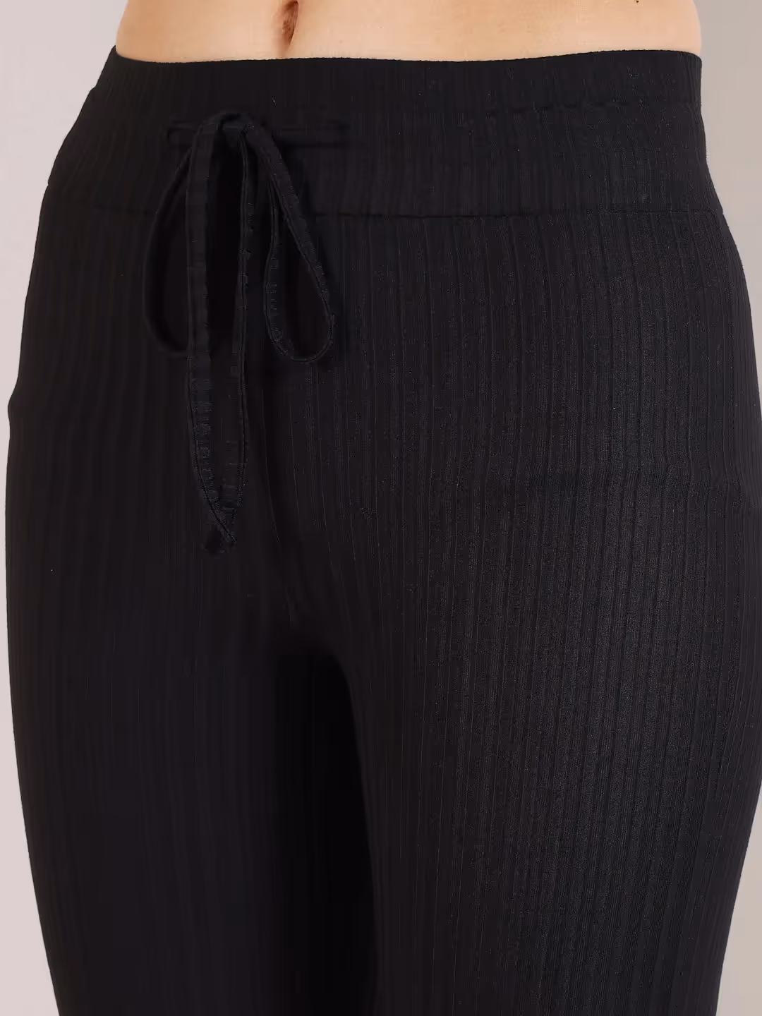 Black Rib Drawstring Flare Pants image 4