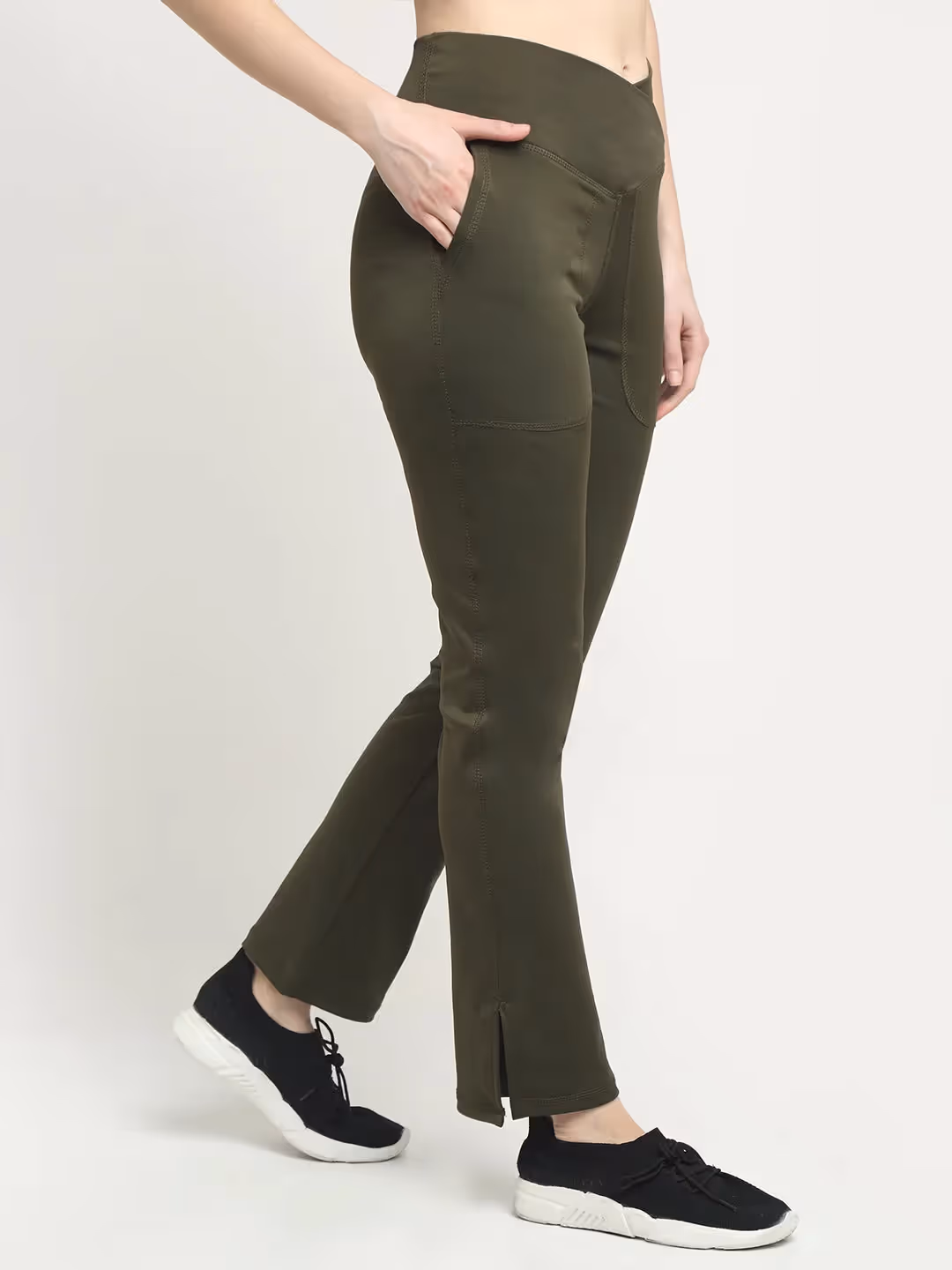 Deep Sage Crossover Pocket Slit Hem Flare Leggings  image 3