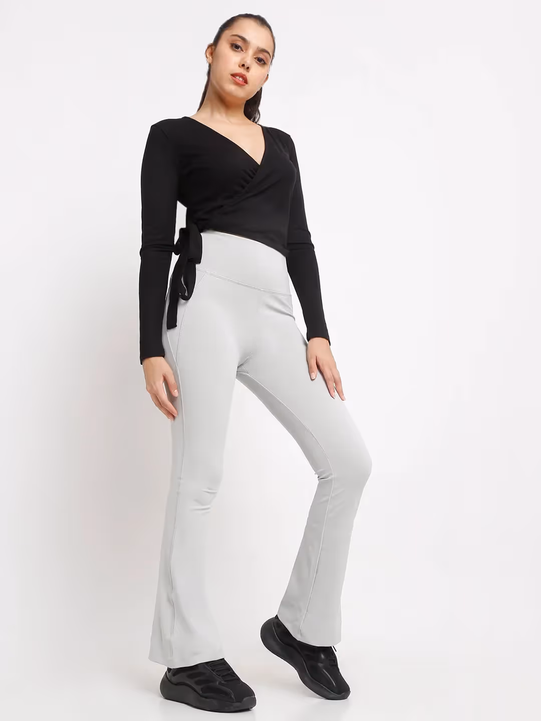 Grey Flare High Waisted Essential Pants With Pockets image 5