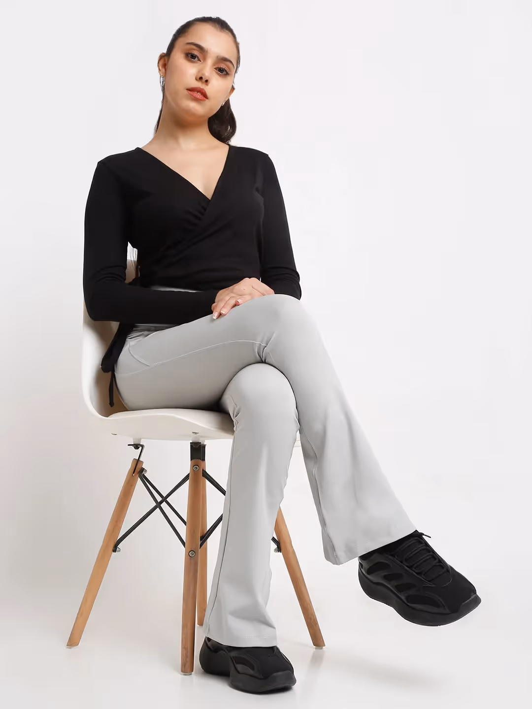 Grey Flare High Waisted Essential Pants With Pockets image 6