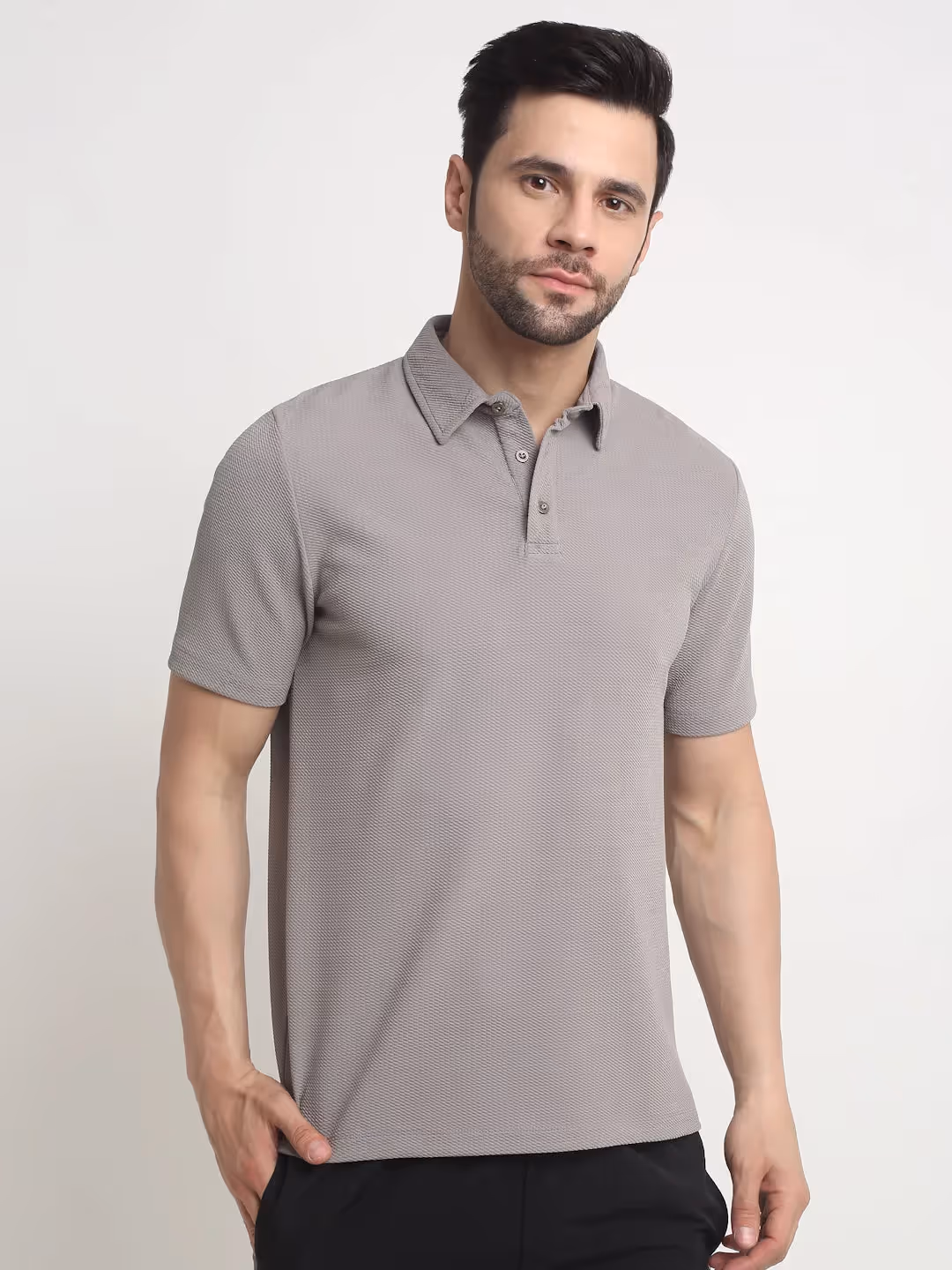 Grey Waffle Knit Polo T-Shirt image 1