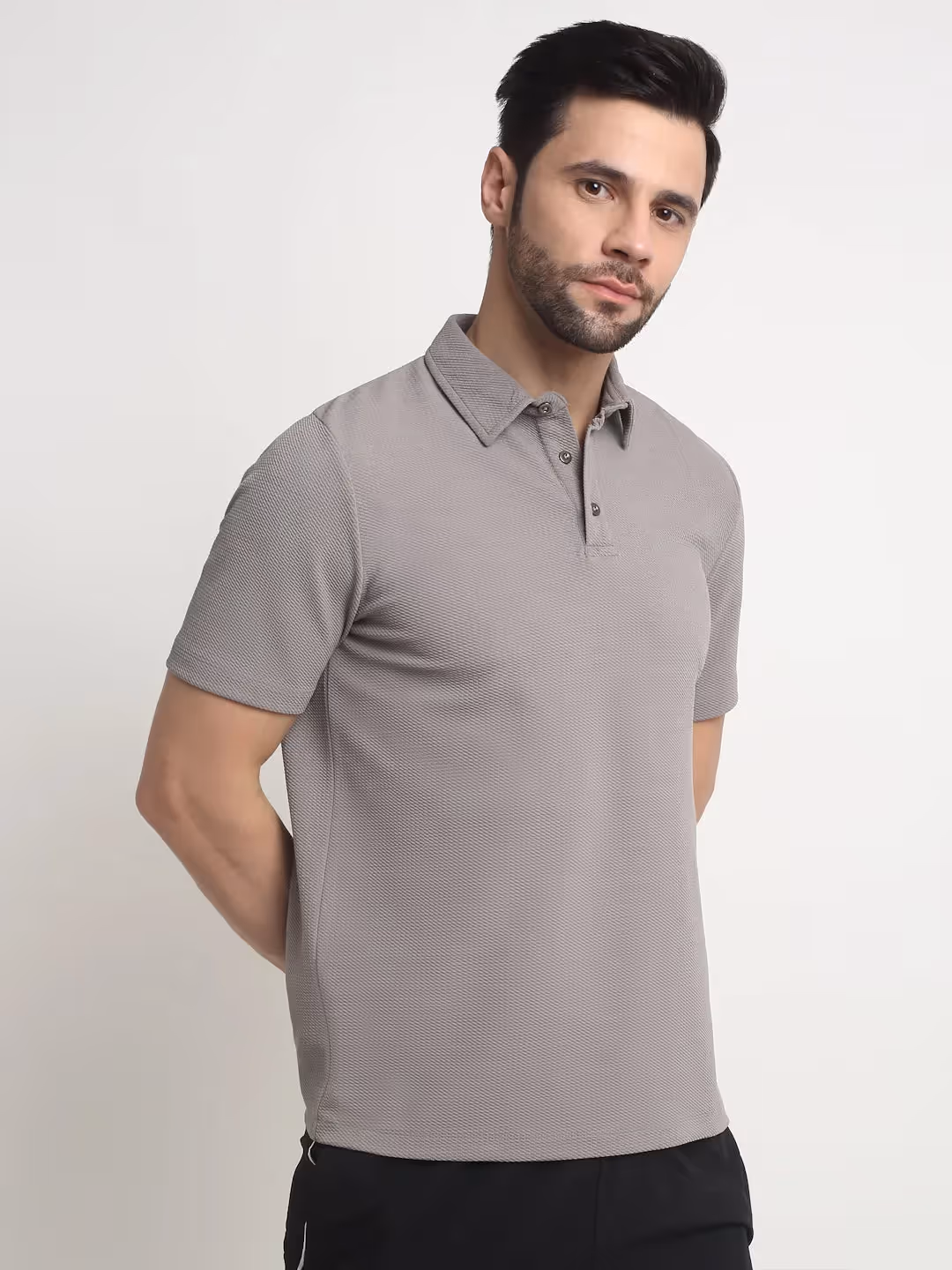 Grey Waffle Knit Polo T-Shirt image 2