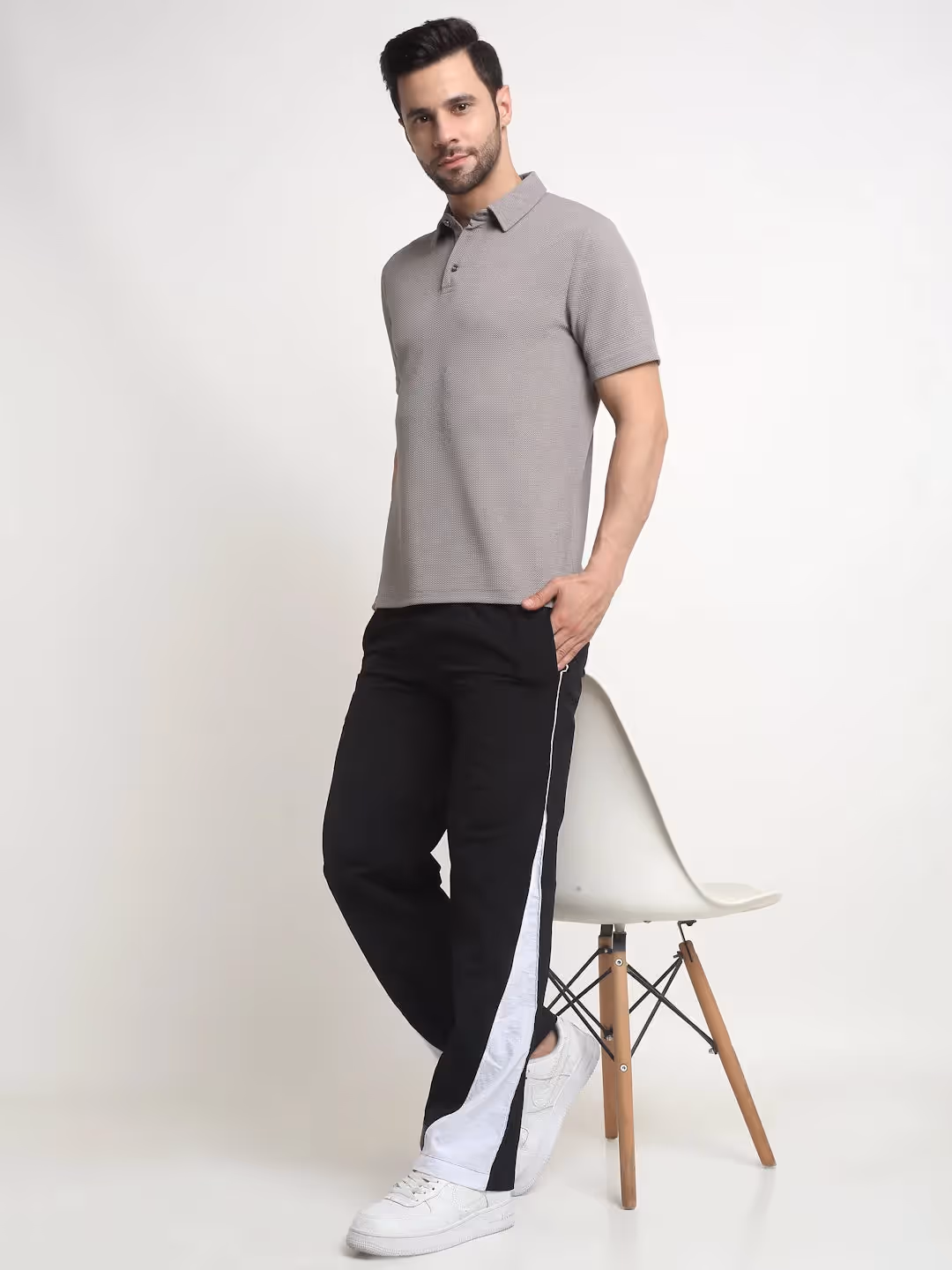 Grey Waffle Knit Polo T-Shirt image 5