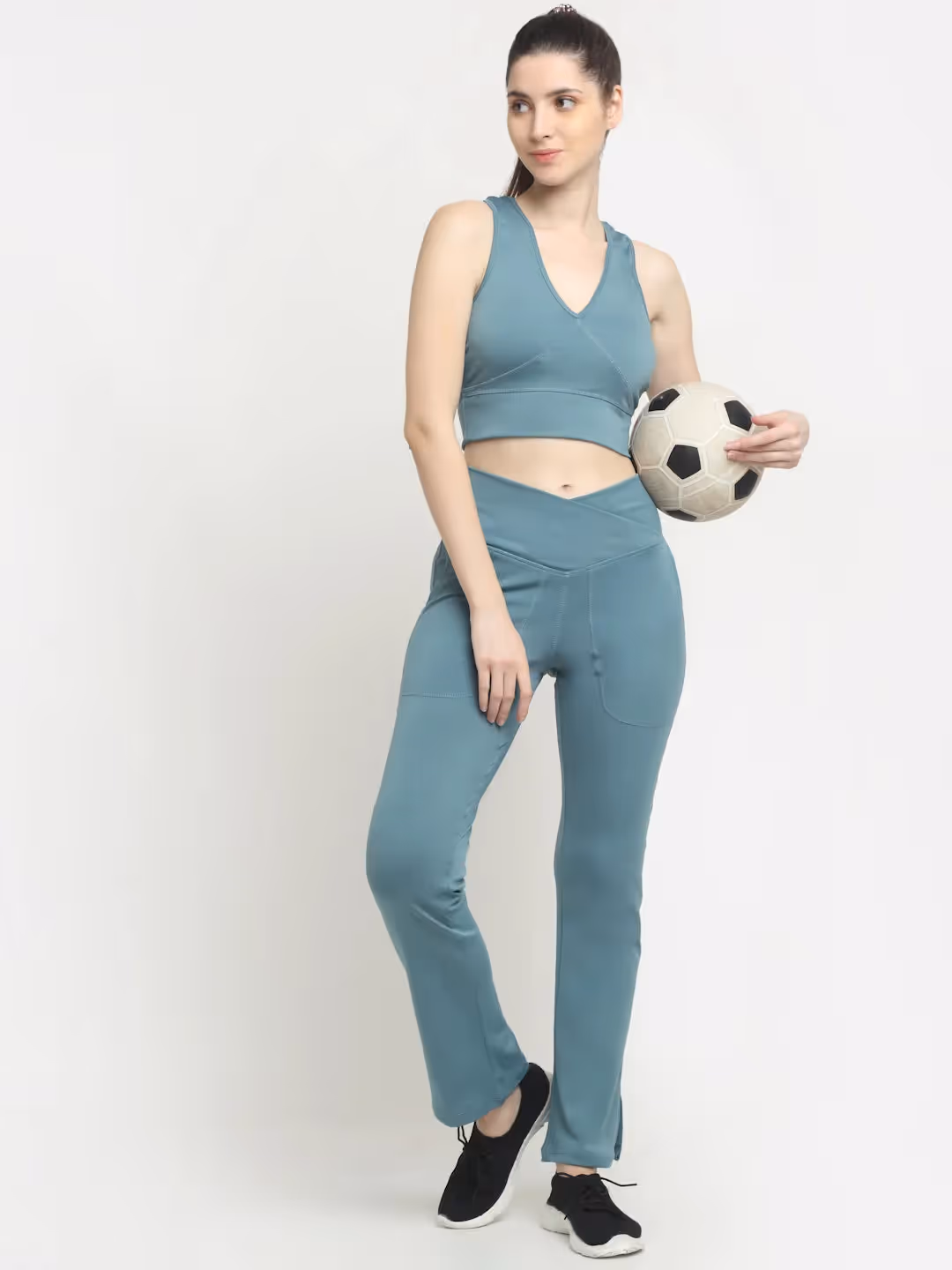 Ice Blue Crossover Pocket Slit Hem Flare Leggings image 1