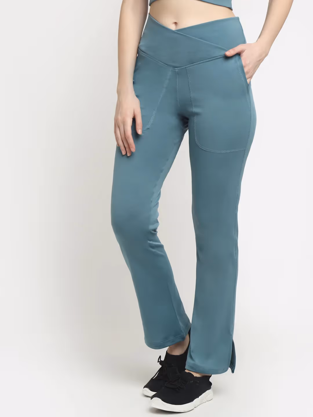 Ice Blue Crossover Pocket Slit Hem Flare Leggings  image 4