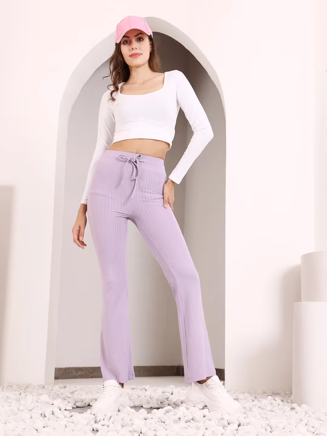 Lavender Rib Drawstring Flare Pants image 1