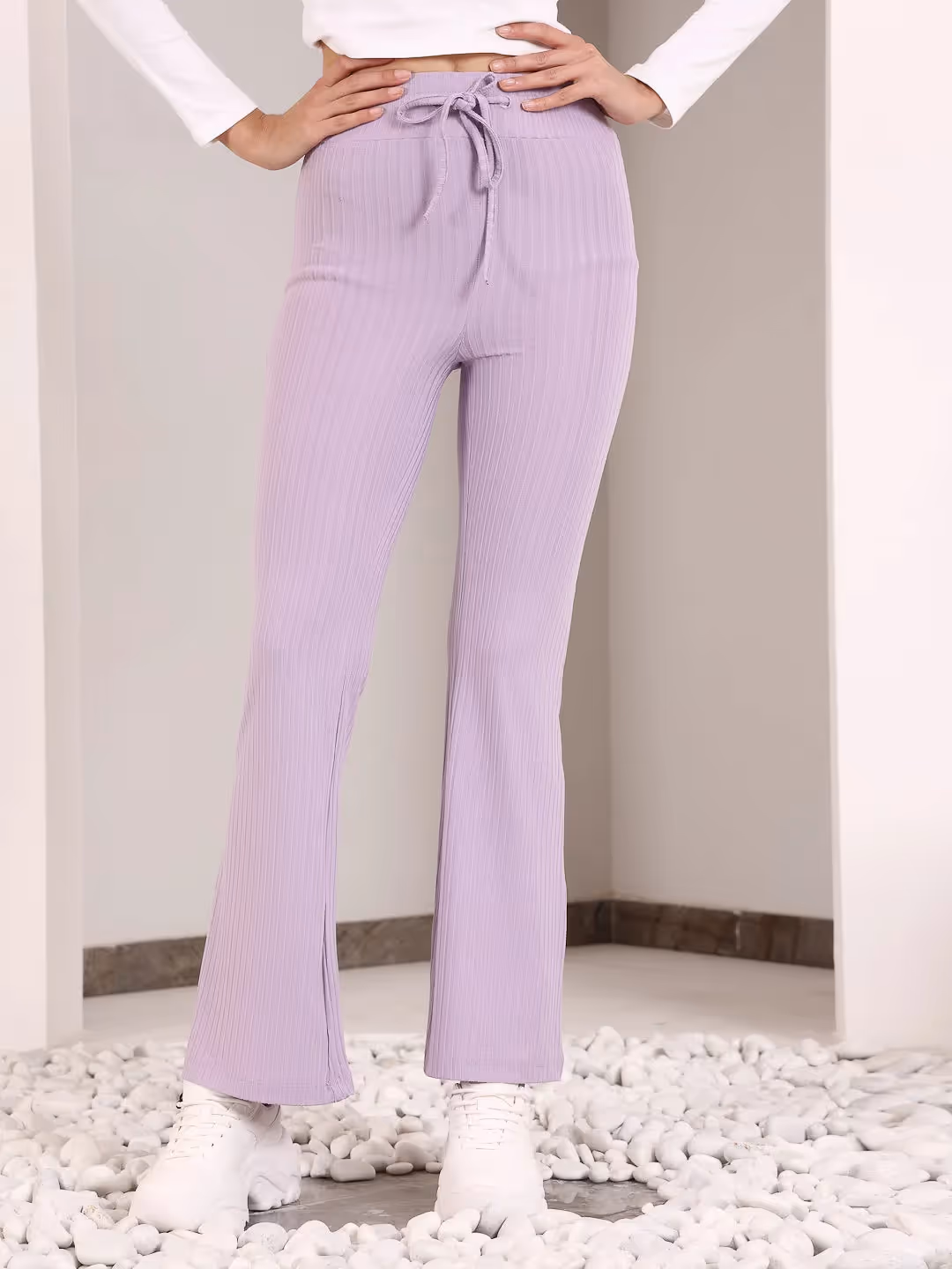 Lavender Rib Drawstring Flare Pants image 2