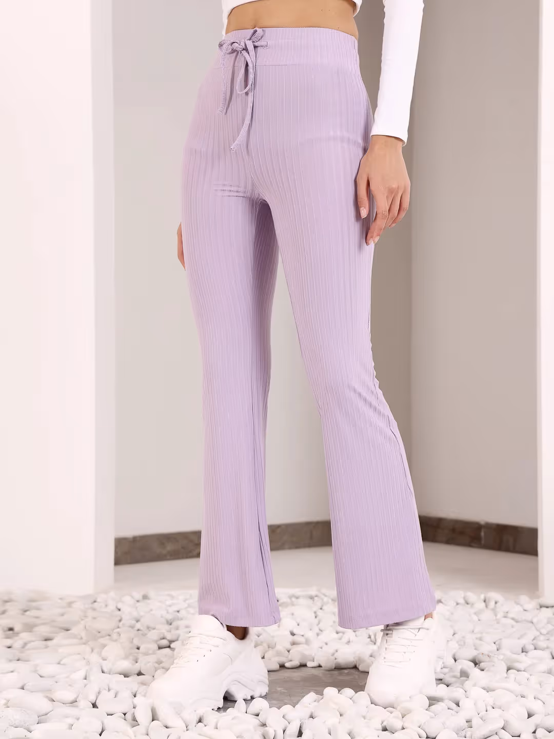 Lavender Rib Drawstring Flare Pants image 4