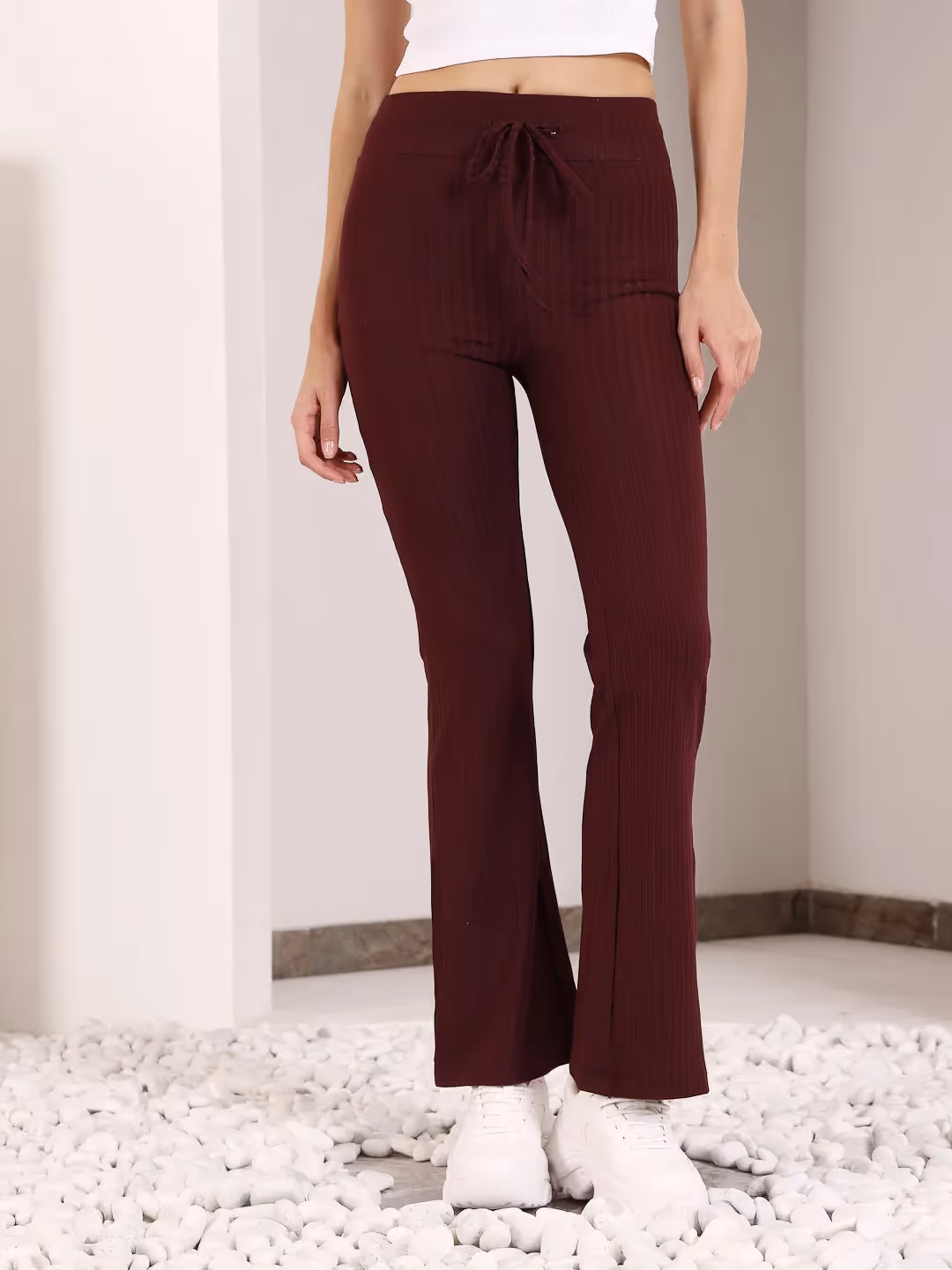 Maroon Rib Drawstring Flare Pants image 1