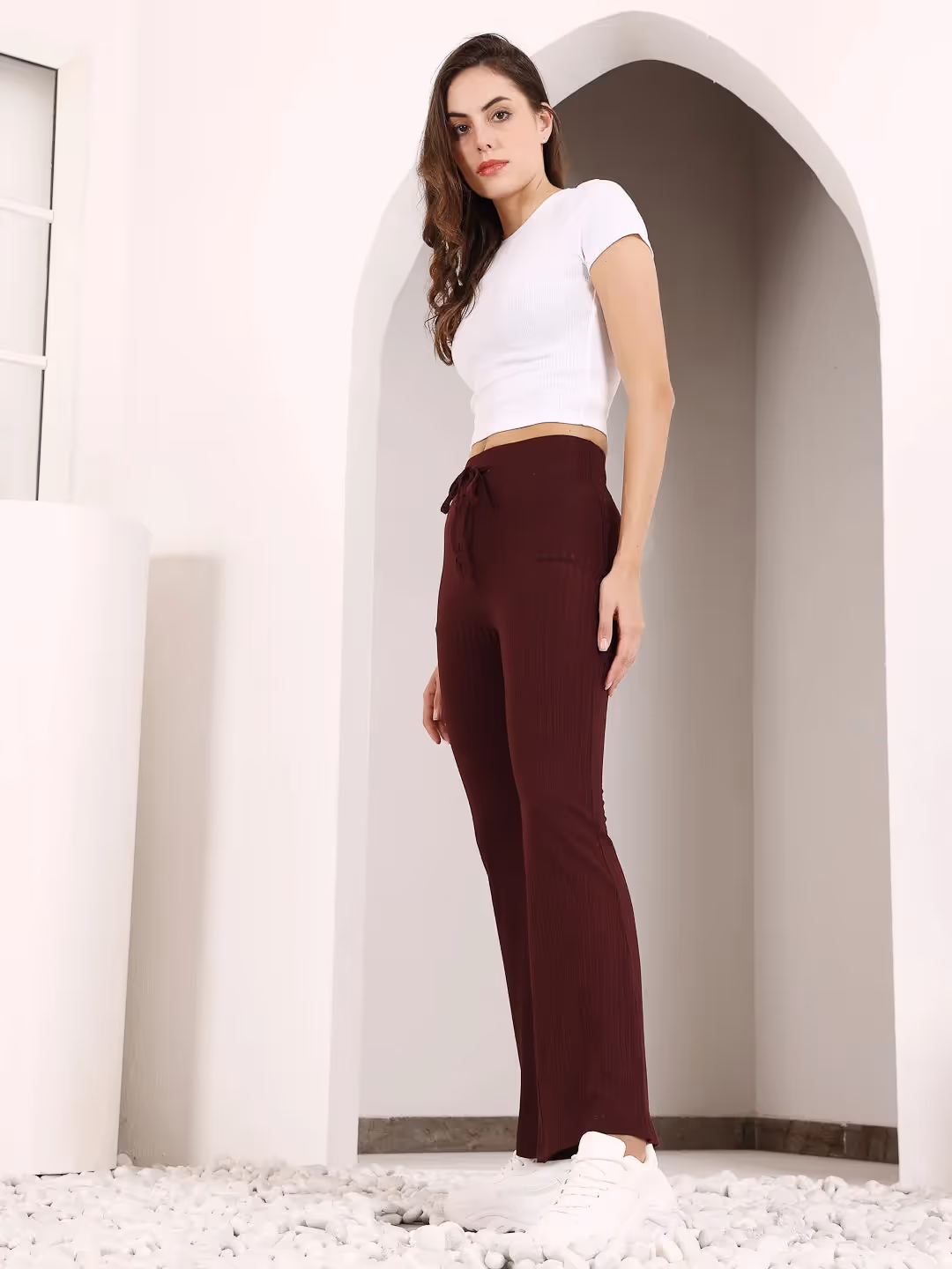 Maroon Rib Drawstring Flare Pants image 2