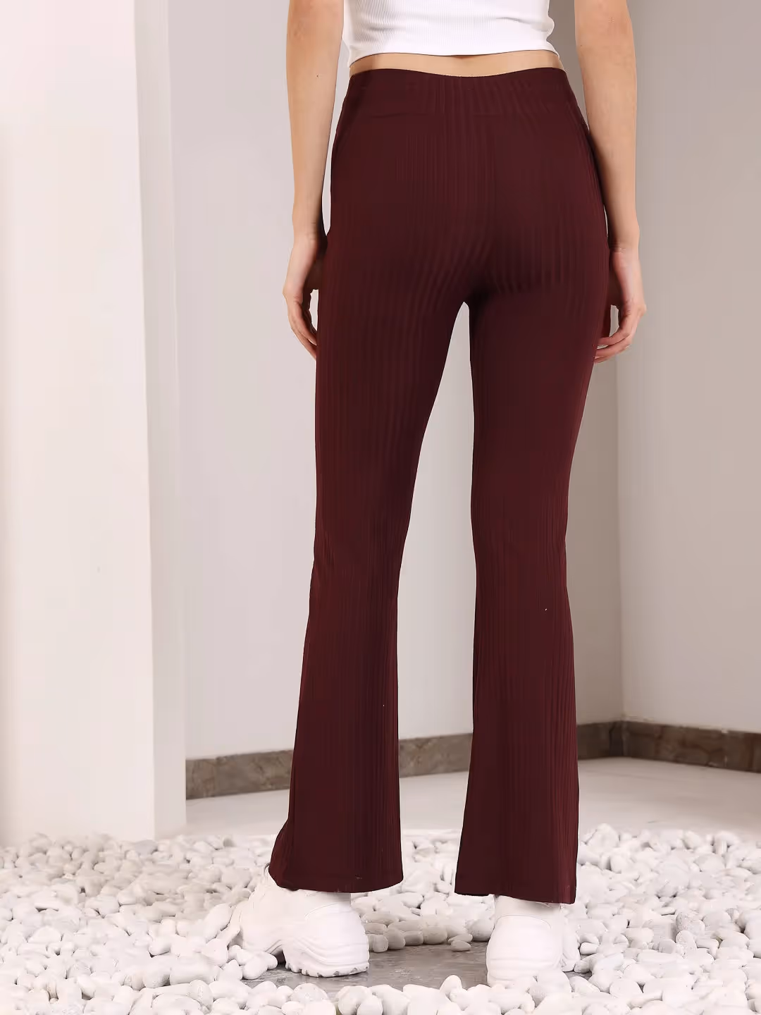 Maroon Rib Drawstring Flare Pants image 3