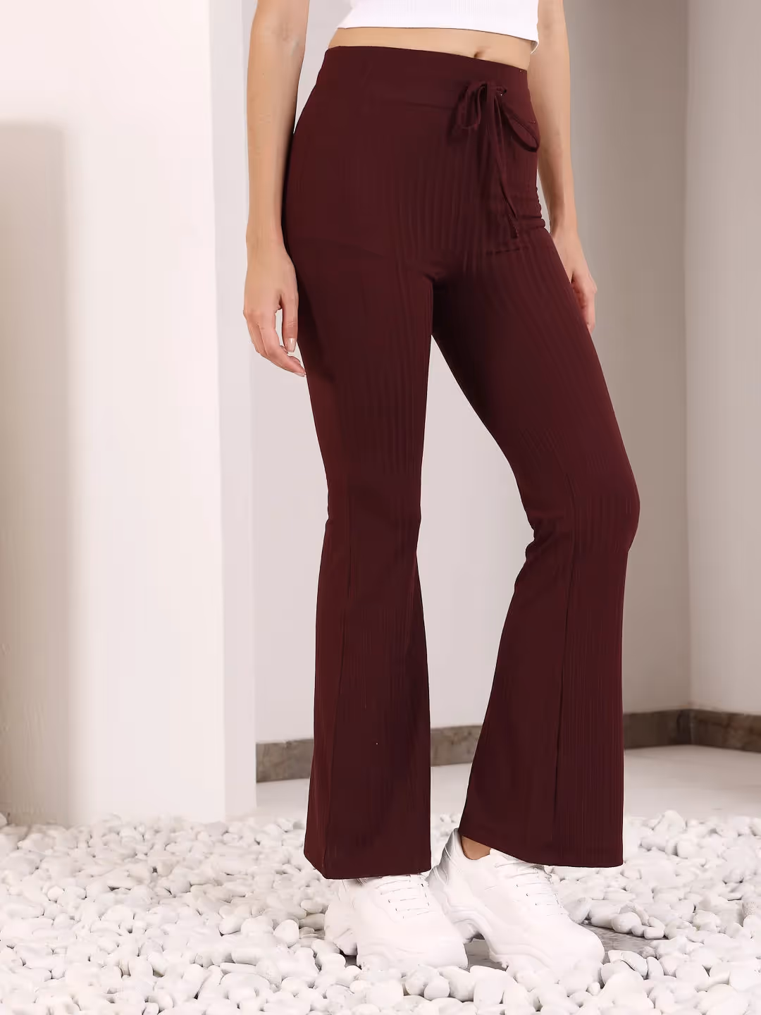 Maroon Rib Drawstring Flare Pants image 4