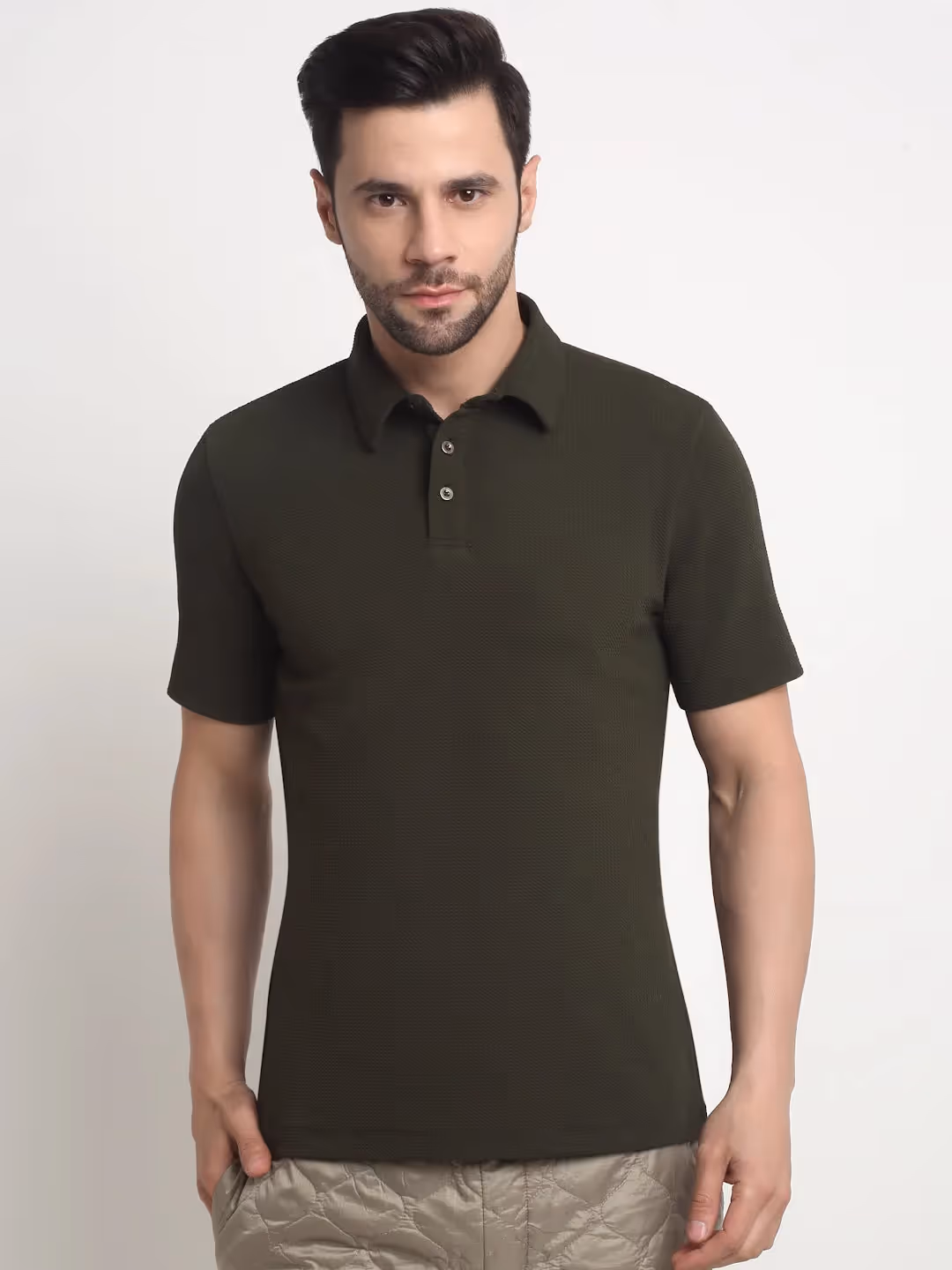 Olive Waffle Knit Polo T-Shirt image 1