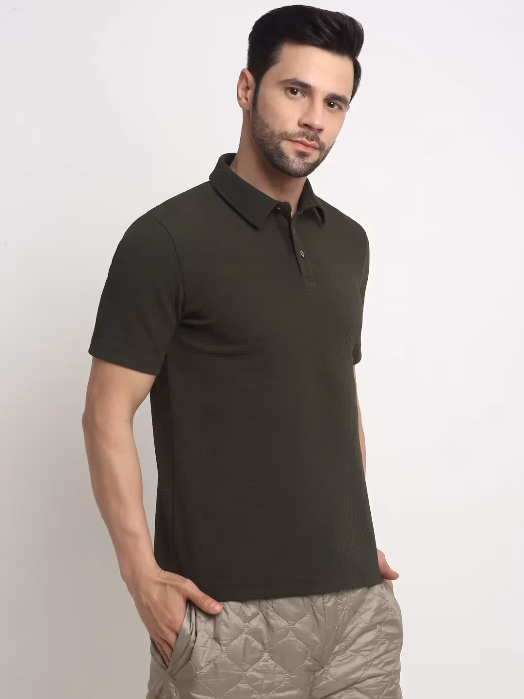 Olive Waffle Knit Polo T-Shirt image 4