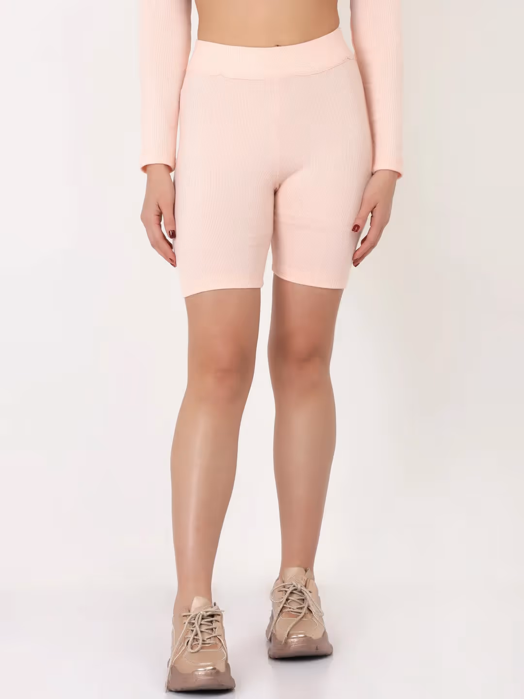 Peach Ribbed Biker Shorts image 1