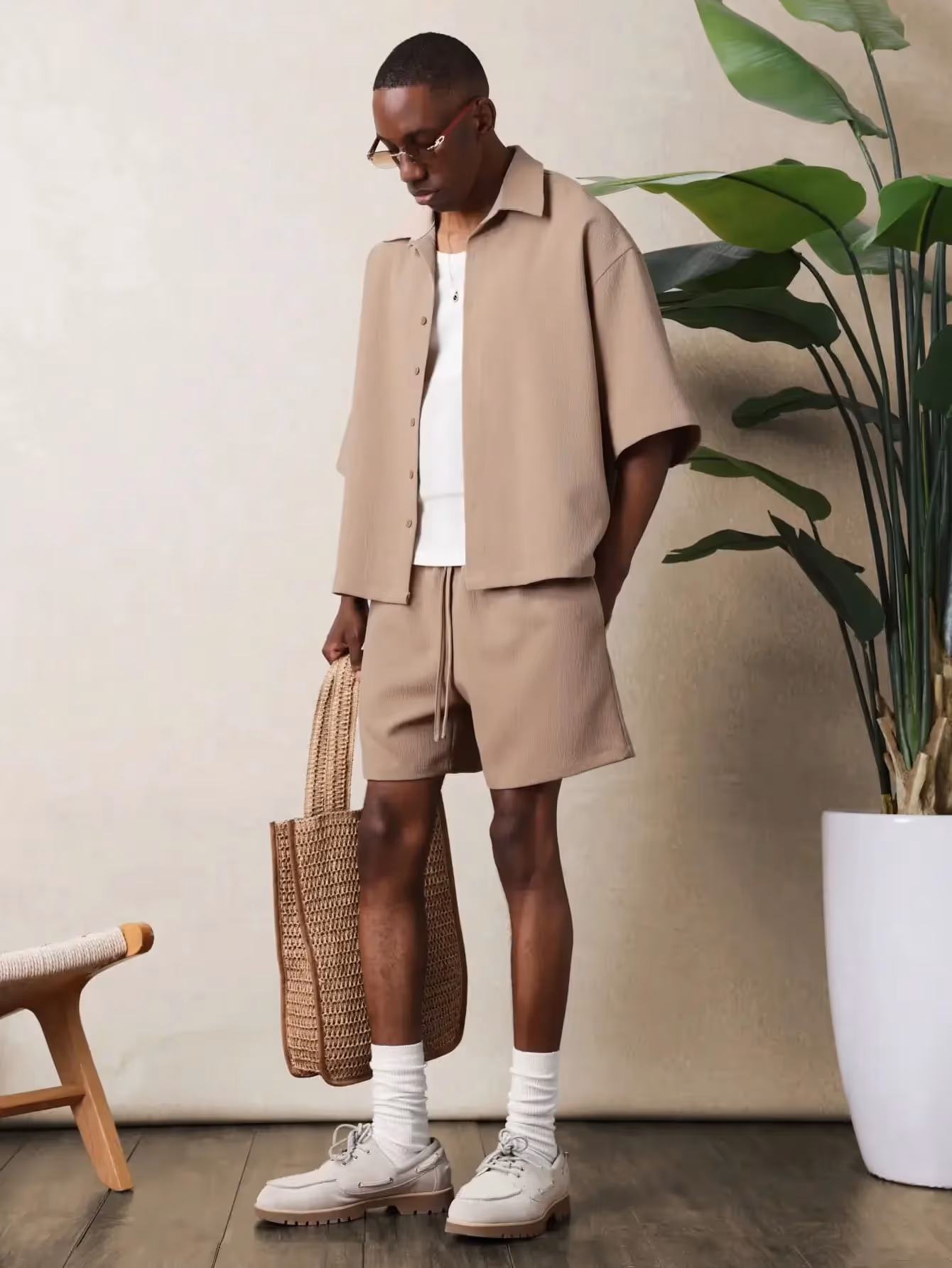 Yate Textured Button Down Shirt And Shorts Set image 1