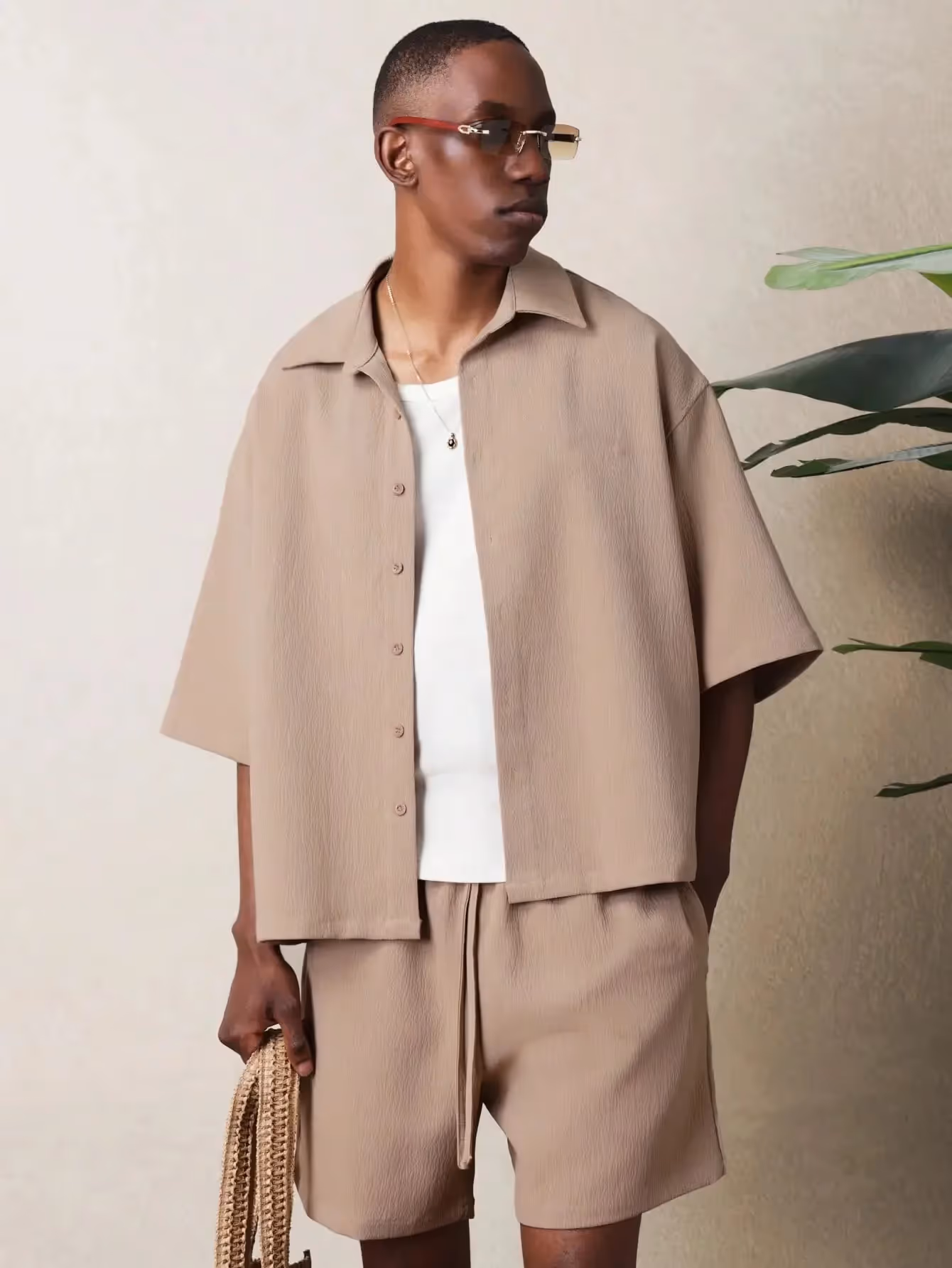 Yate Textured Button Down Shirt And Shorts Set image 3
