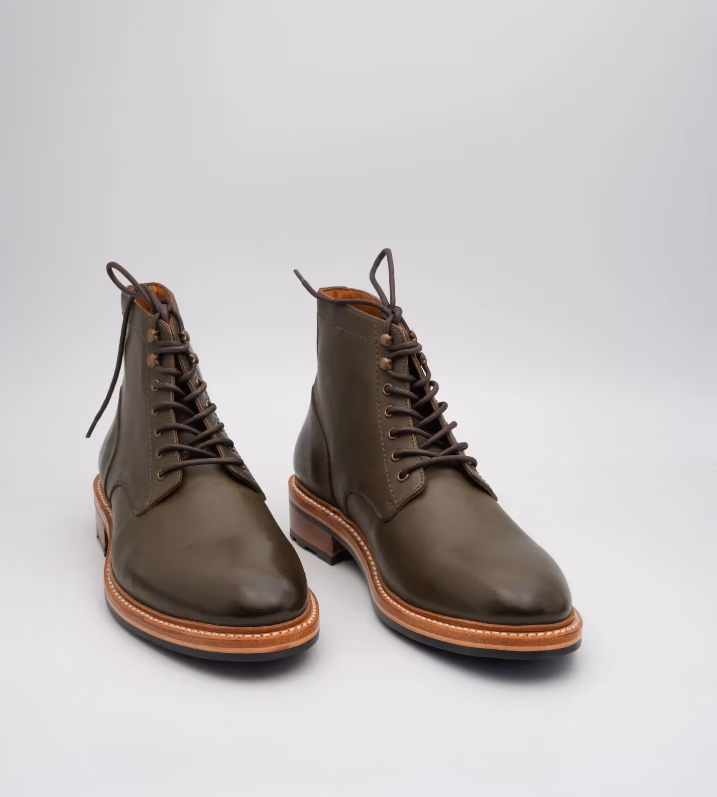 Hand-Welted Full Grain Olive Plain Toe Boot image 1