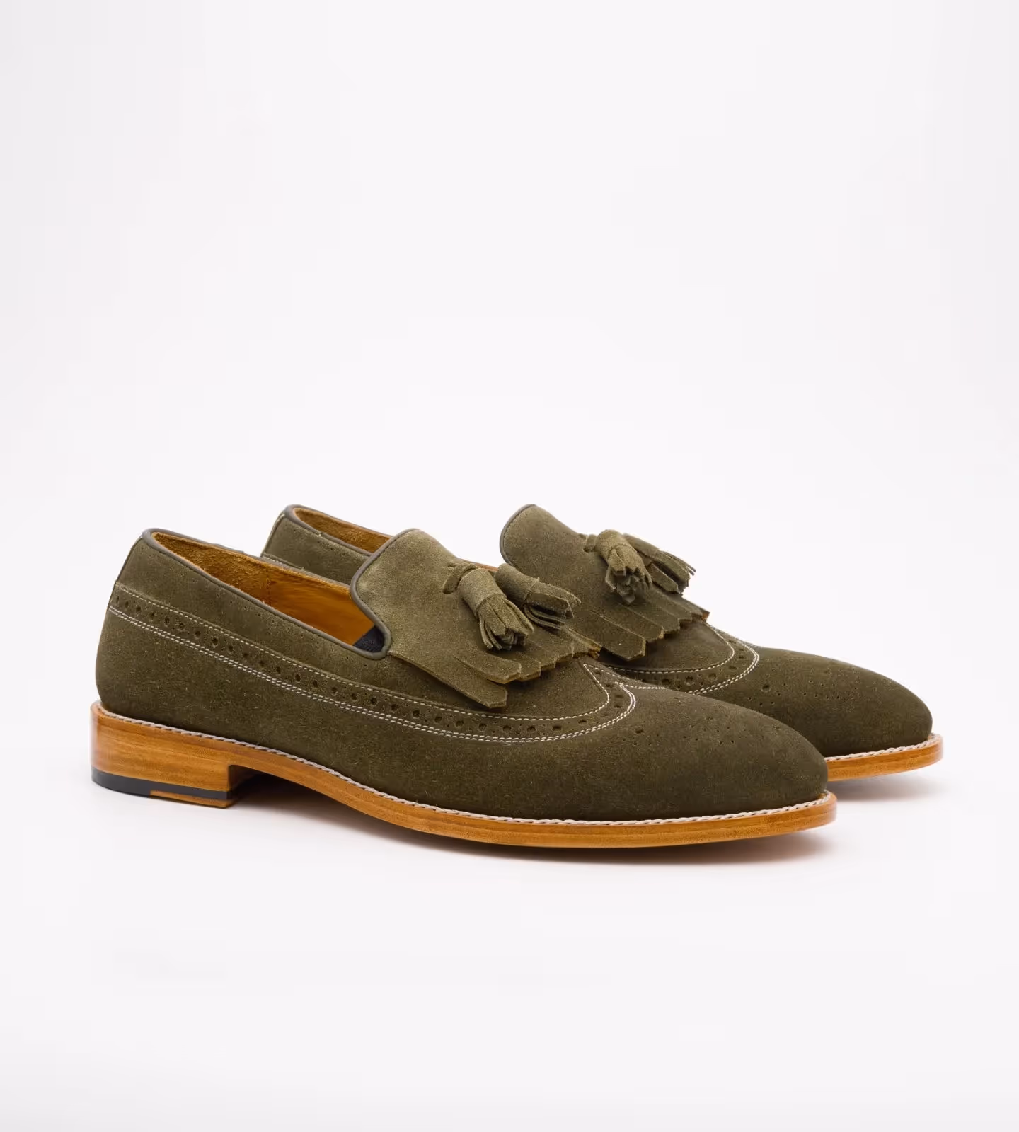 Handwelted Olive Suede Brogue Tassel Loafer image 4