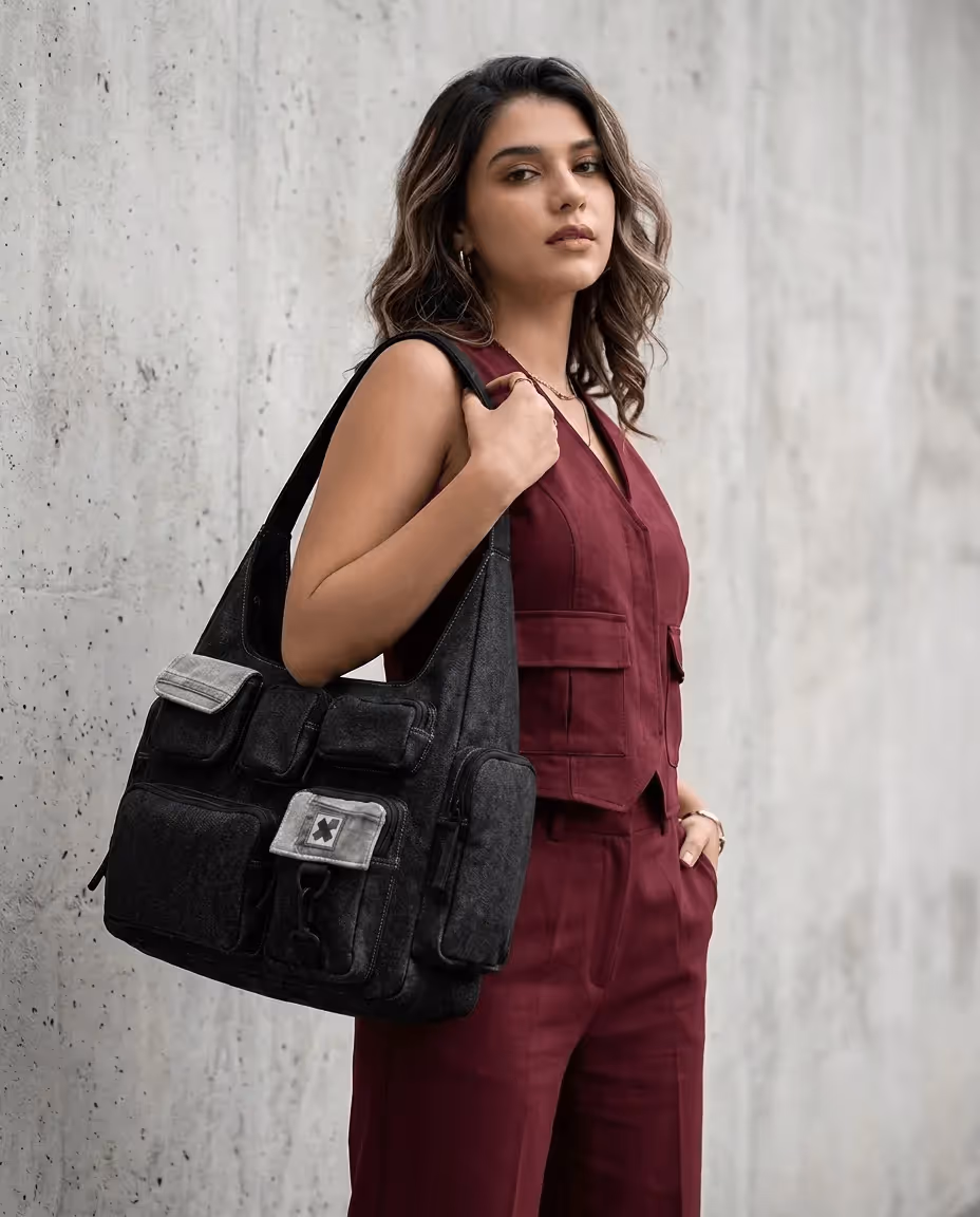 Pocket Cluster Hobo Bag - Denim Black image 6