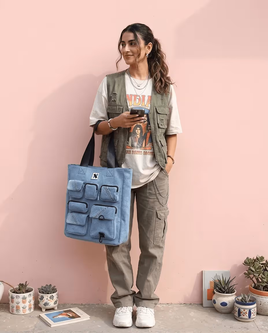 Pocket Cluster Laptop Tote Tall Denim image 1