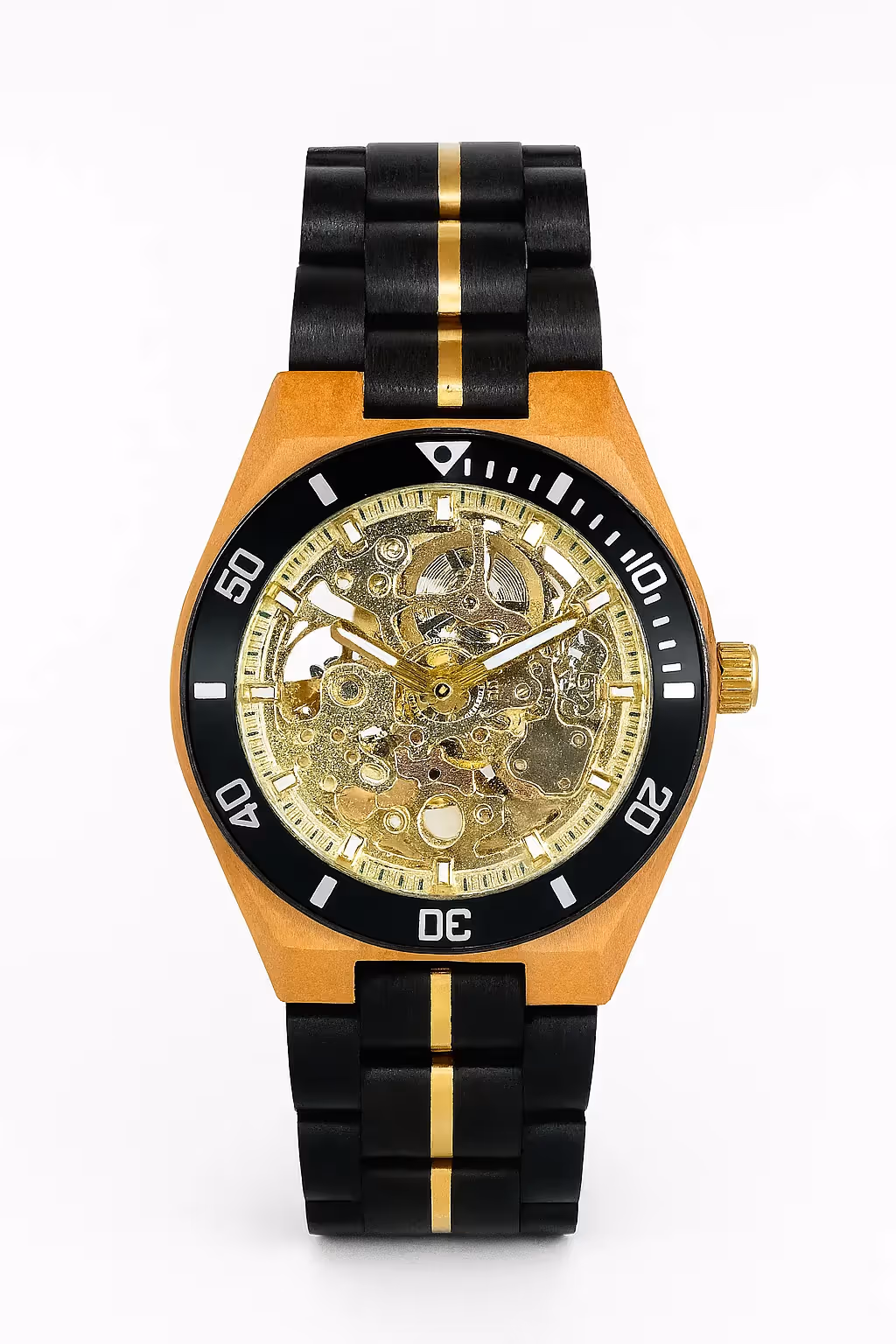 FORGE | Golden Precision - Olive Wood & Stainless Steel Skeleton Watch