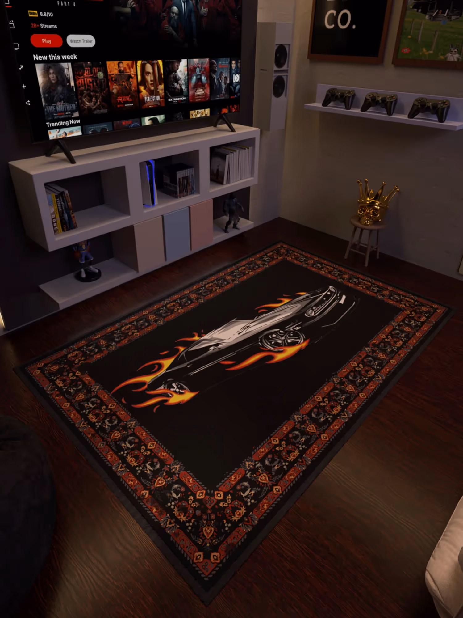 Black Fire Car Traditional Design Washable Rug  image 1