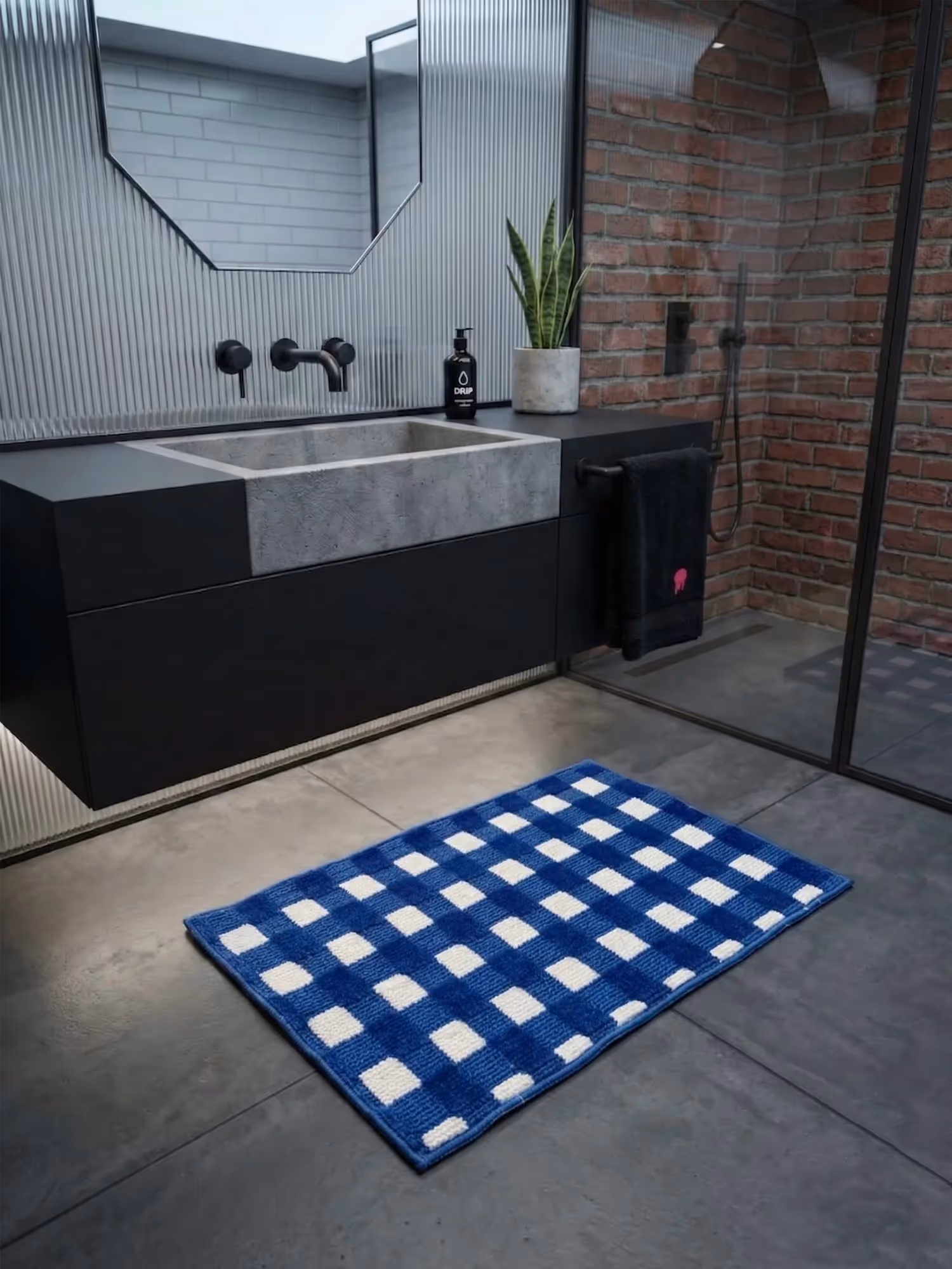 Blue & White Check High Low Bath Mat image 1
