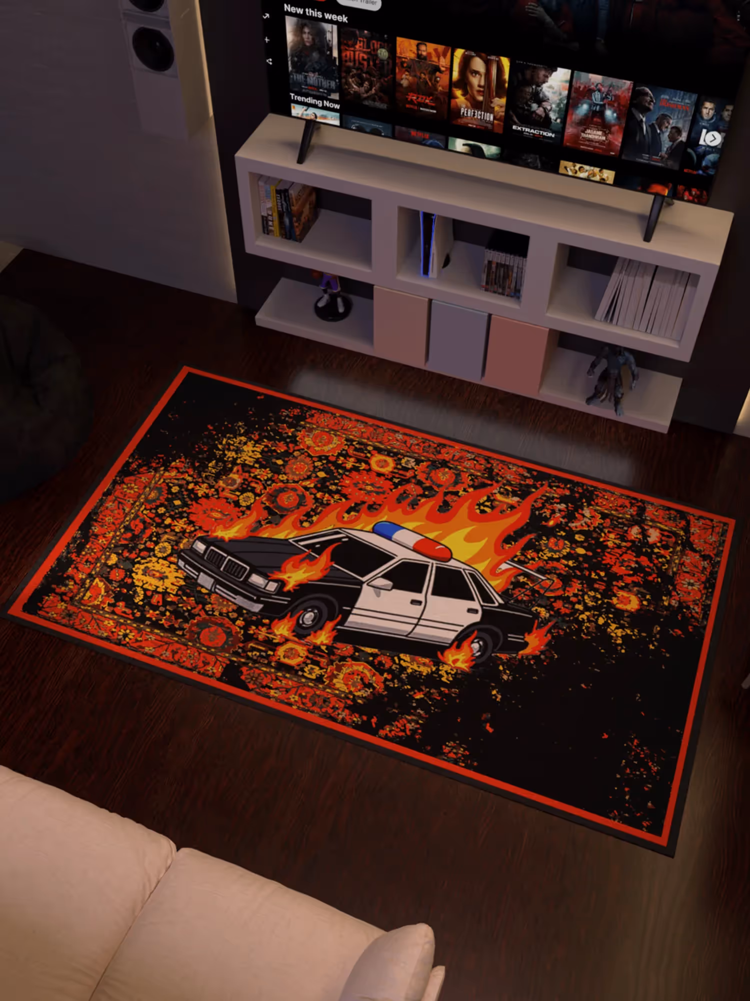 Burning Police Car Traditional Design Washable Rug image 1