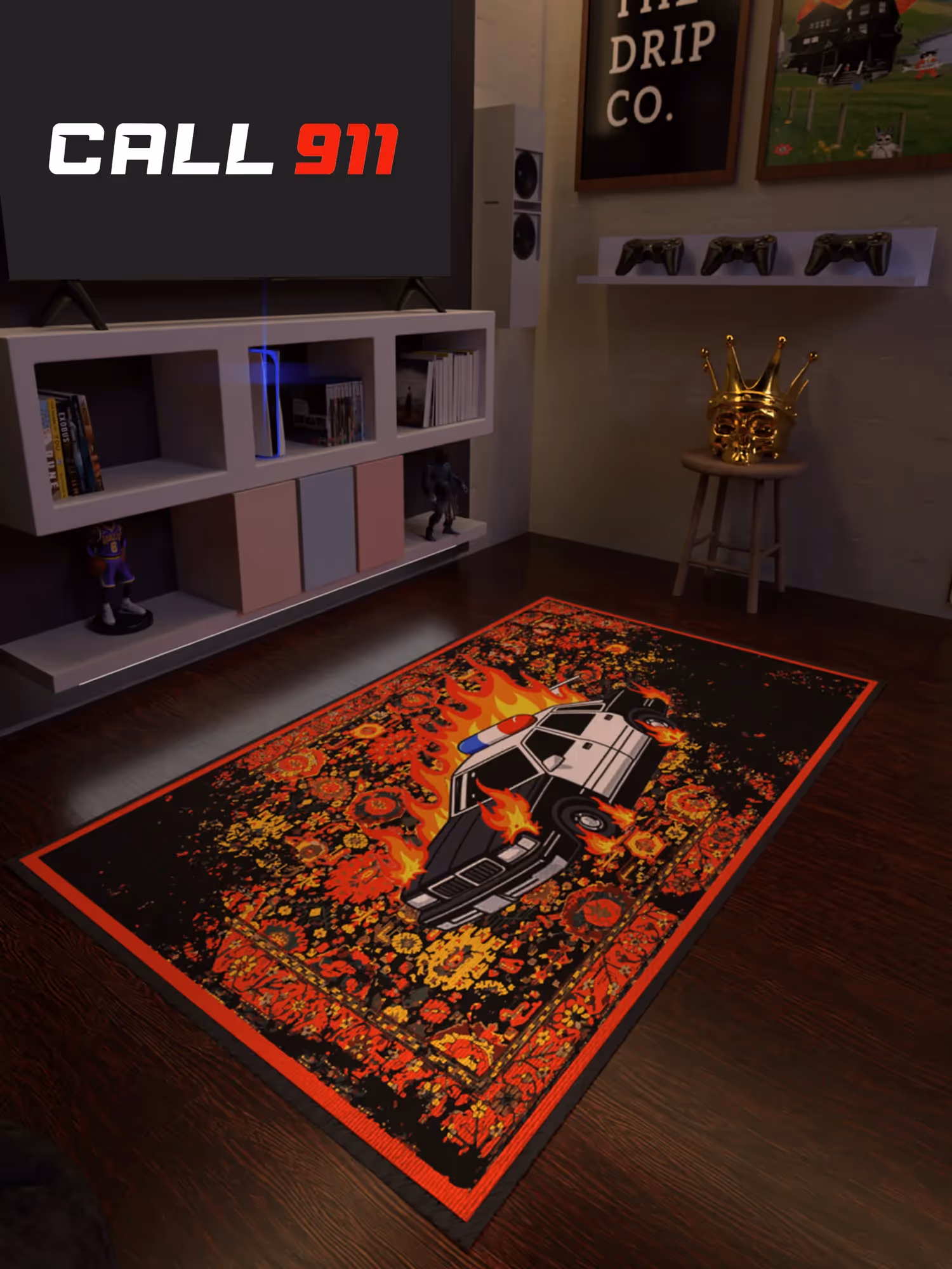 Burning Police Car Traditional Design Washable Rug image 2