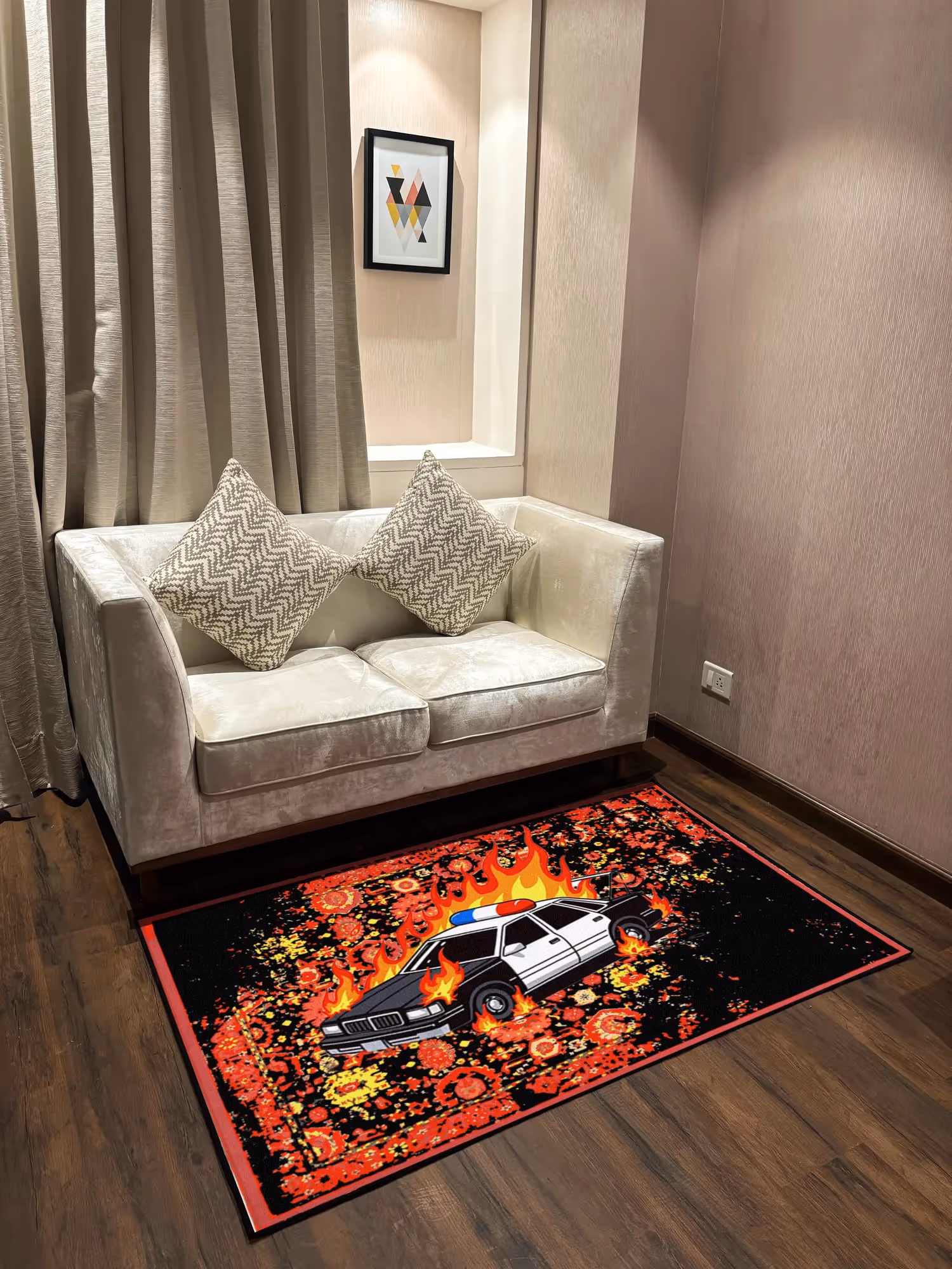 Burning Police Car Traditional Design Washable Rug image 4