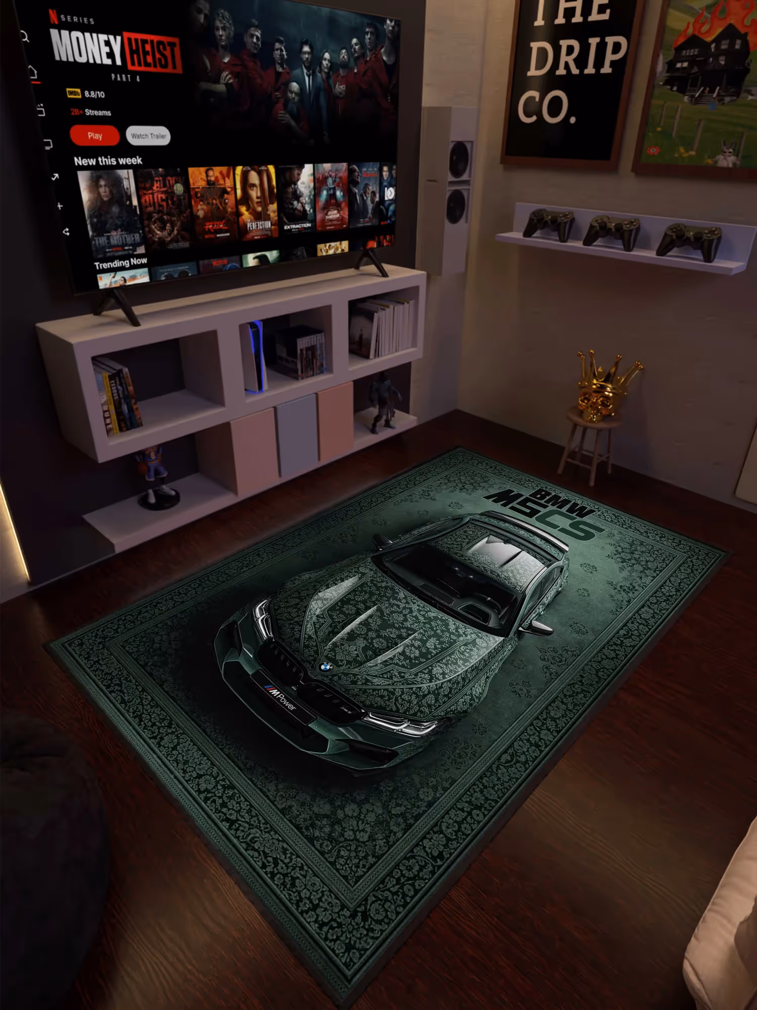Green Sports Car Traditional Design Washable Rug image 1