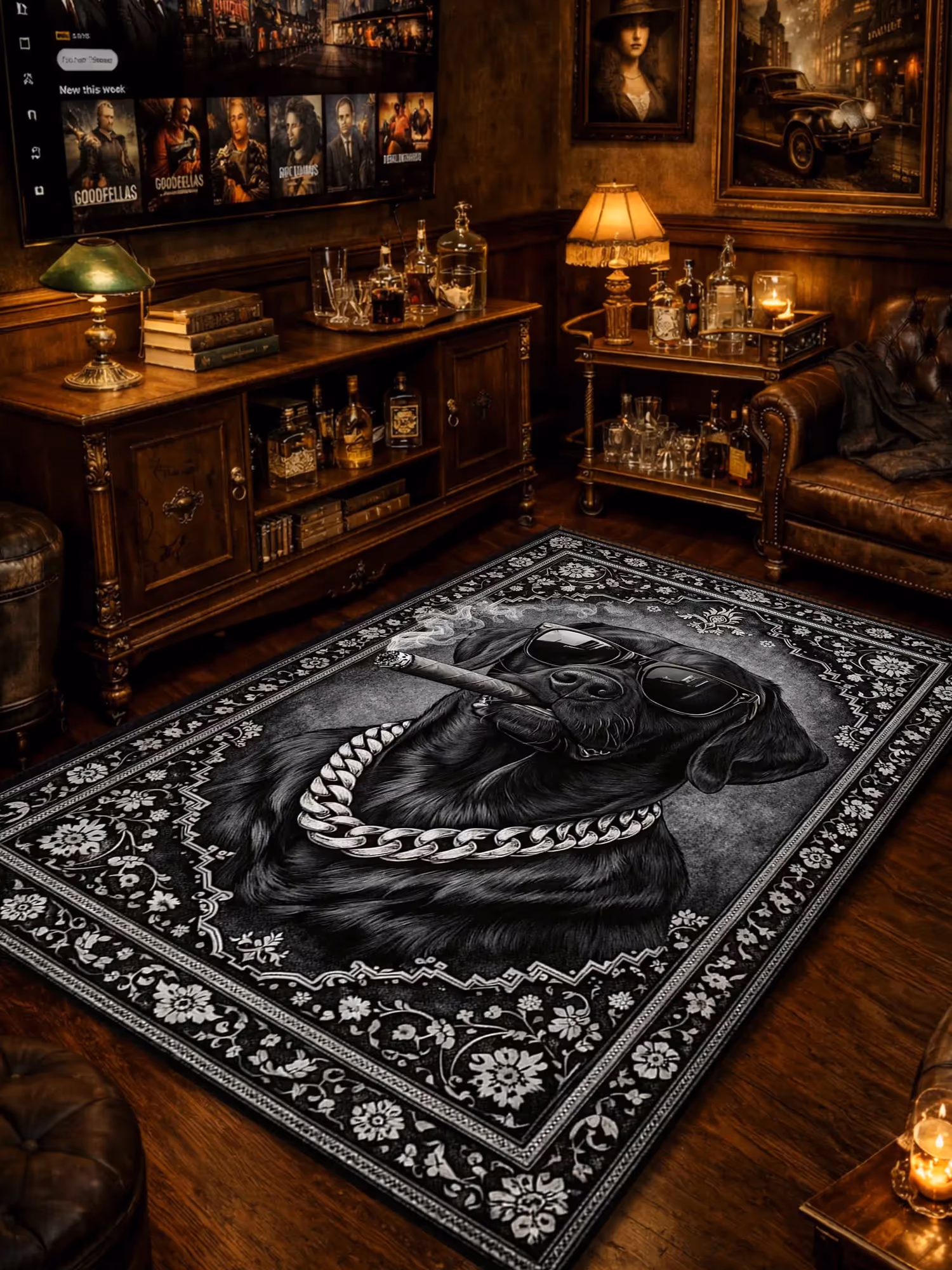 Monochromatic Smoking Dog Traditional Washable Rug image 1