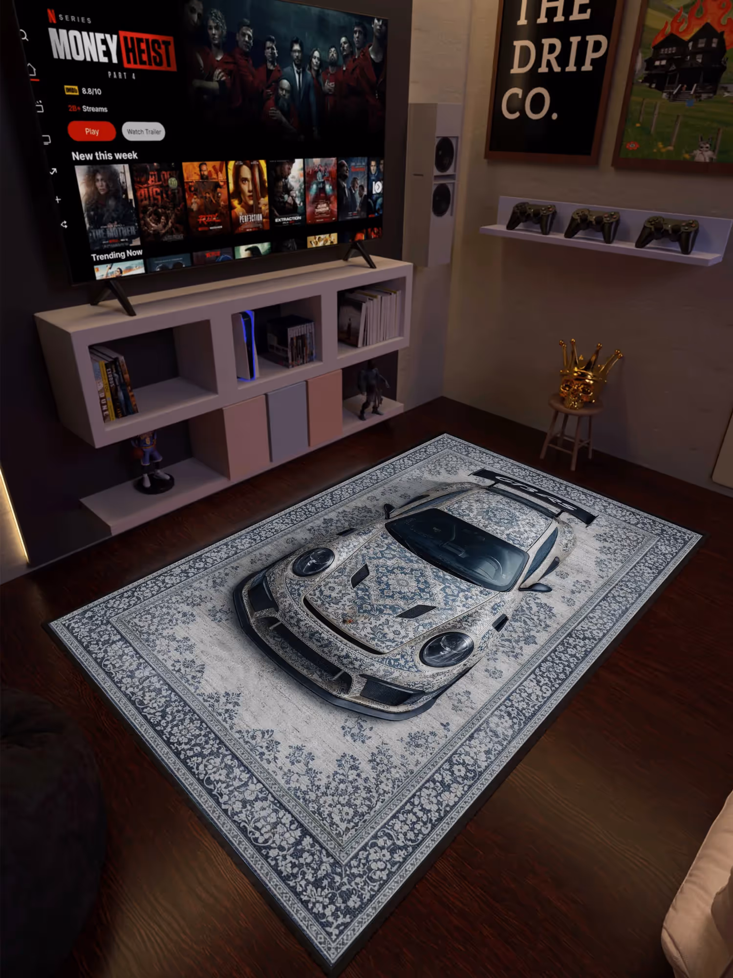 Monochrome Sports Car Traditional Washable Rug image 1