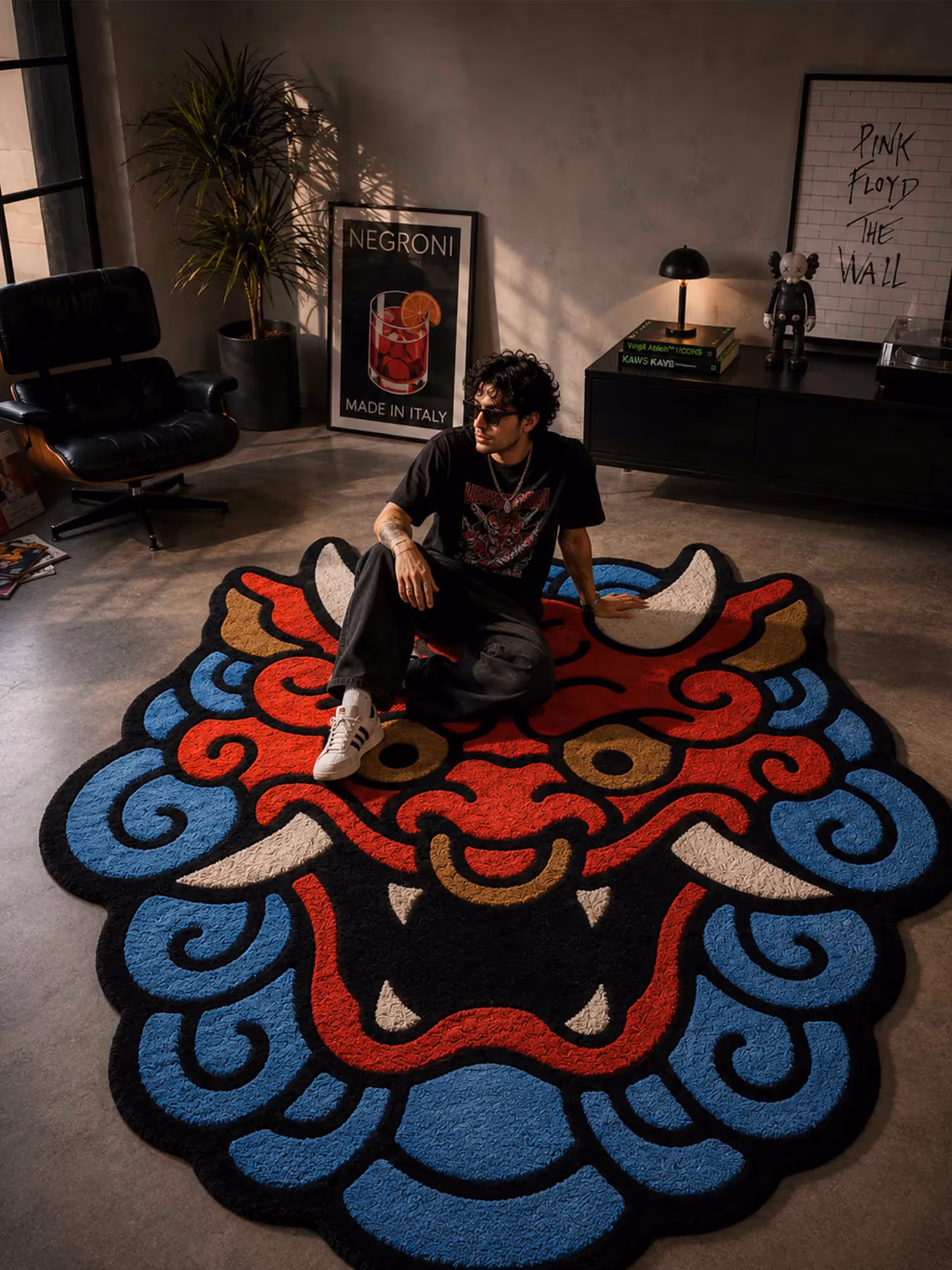 Red & Blue Dragon Face Hand Tufted Rug image 1
