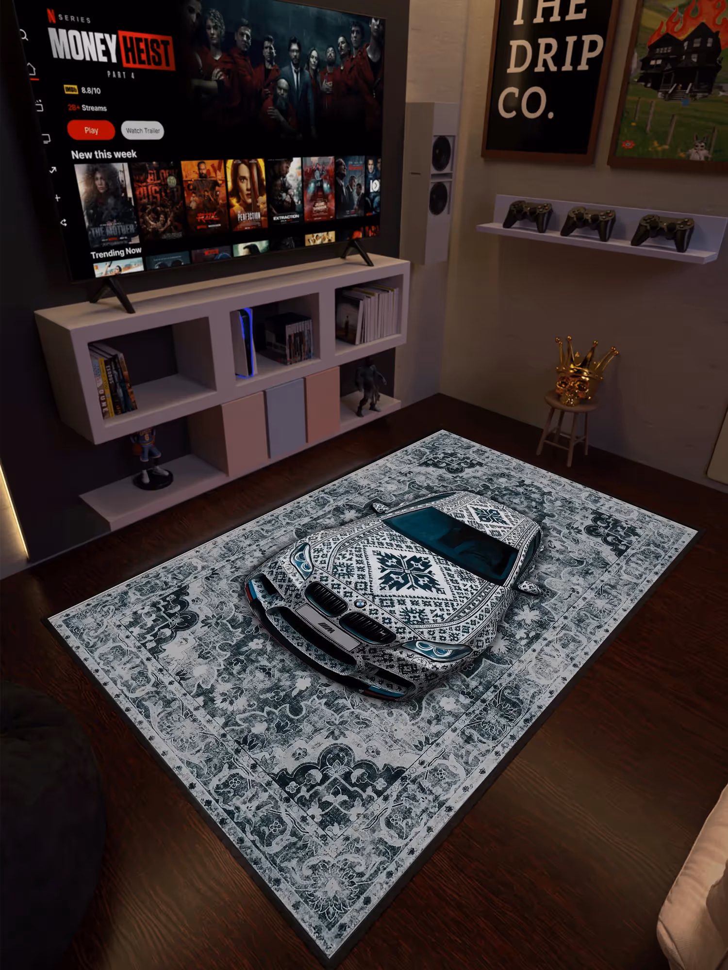 White Sports Car Traditional Design Washable Rug image 2