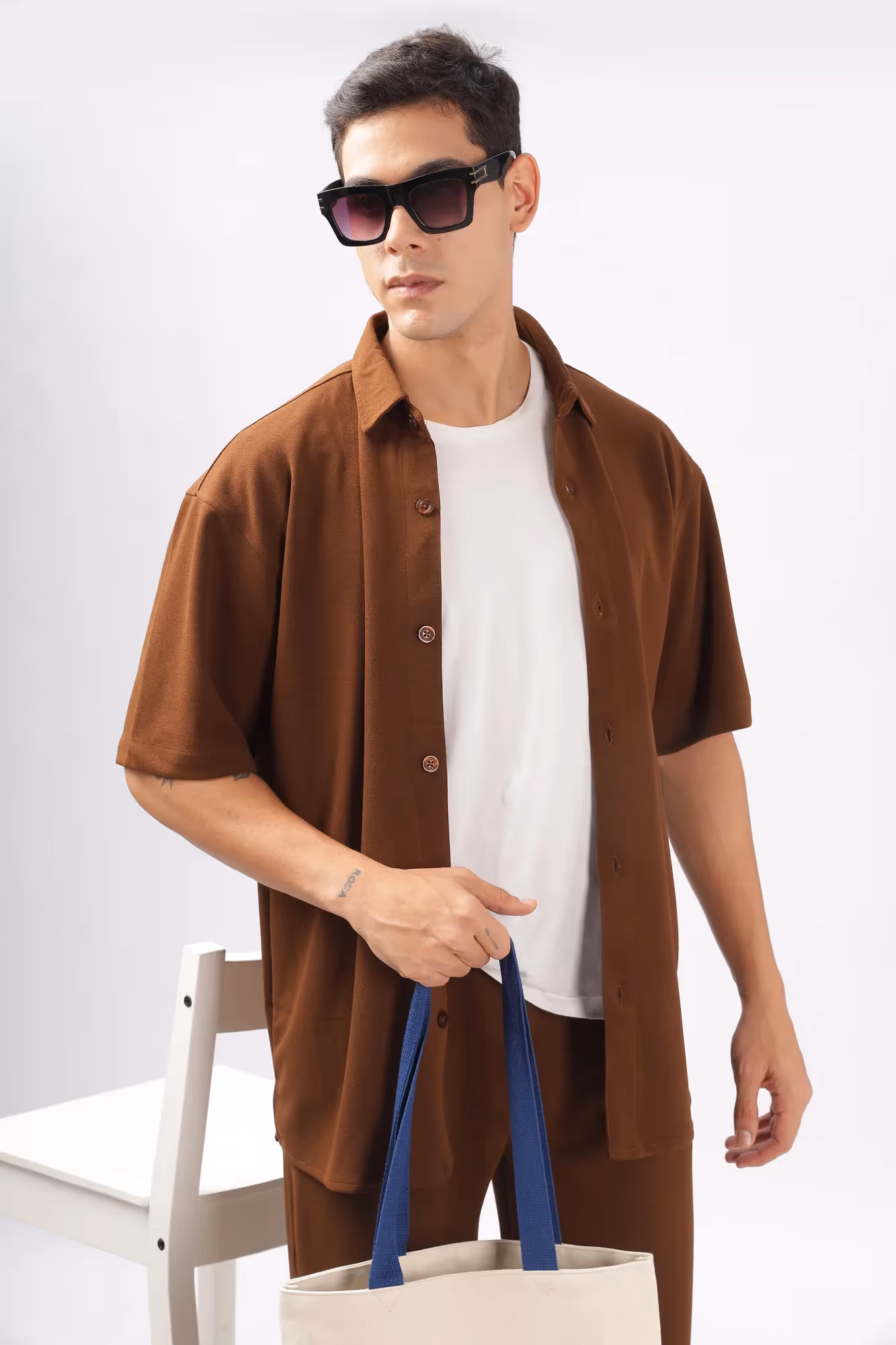 Solid Cotton Blend Oversized Shirt Fudge image 1