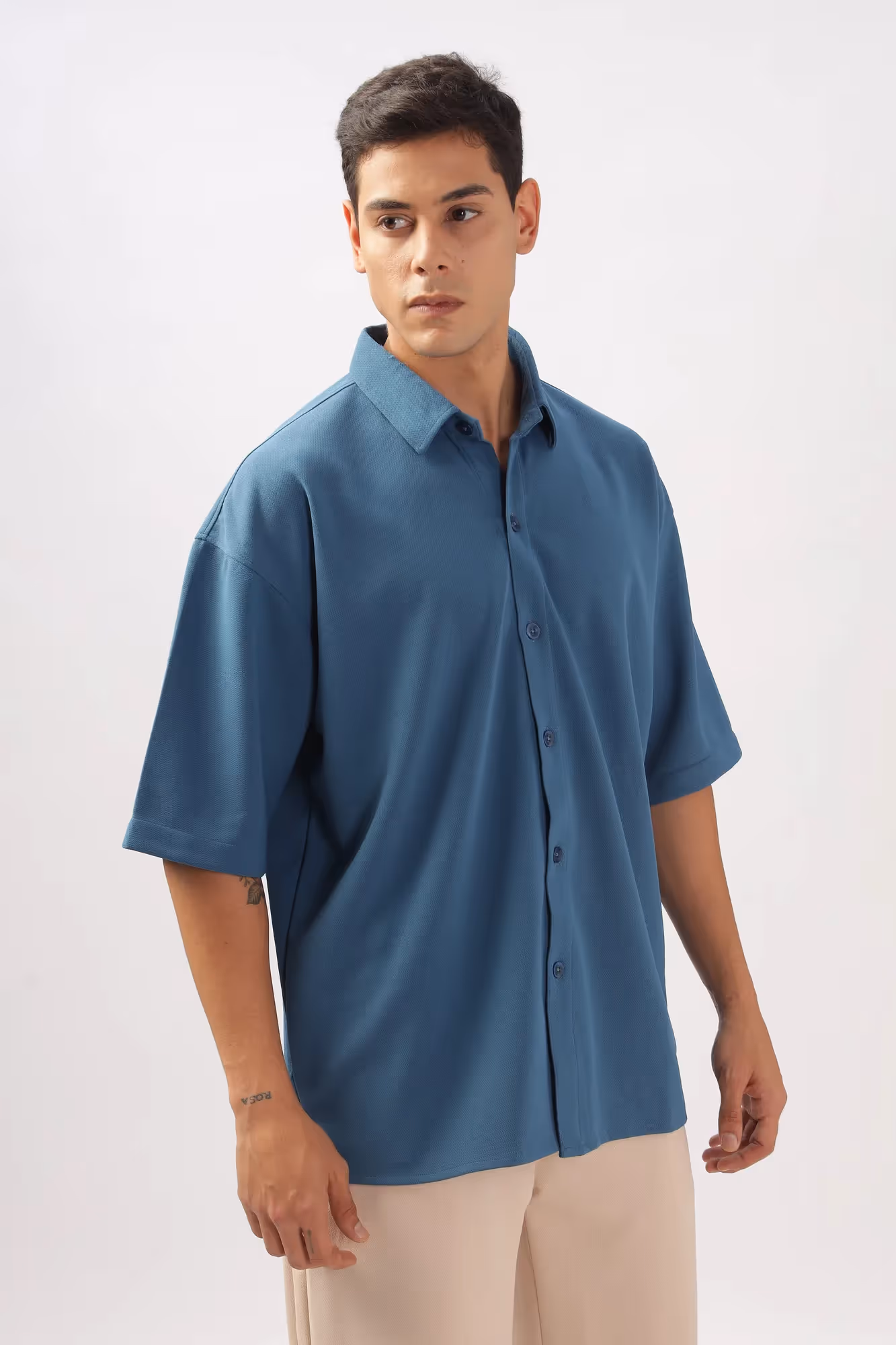 Solid Cotton Blend Oversized Shirt Lagoon image 1