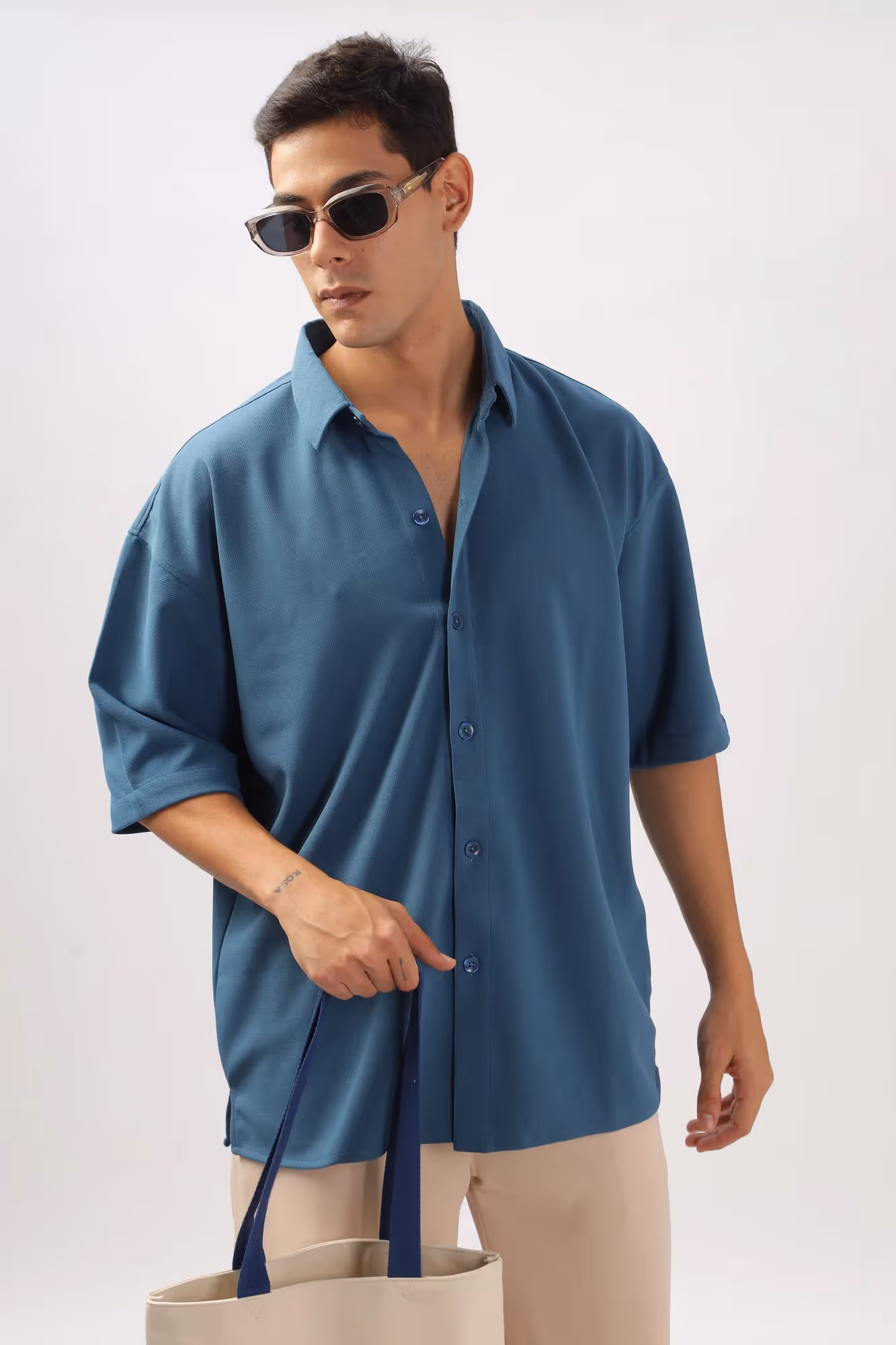 Solid Cotton Blend Oversized Shirt Lagoon  image 2