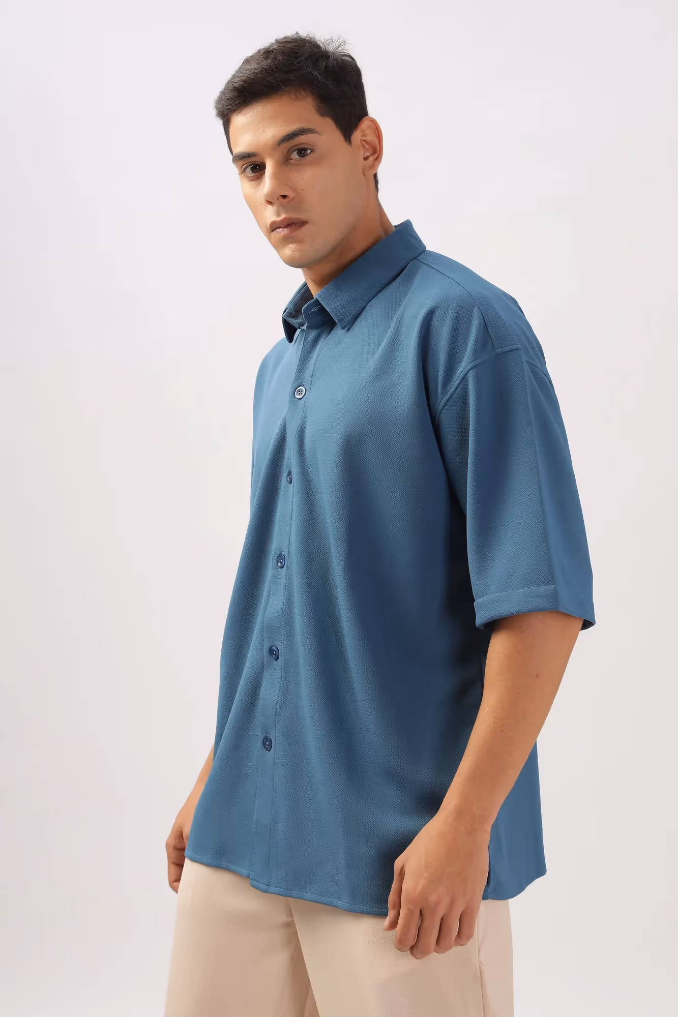 Solid Cotton Blend Oversized Shirt Lagoon  image 3