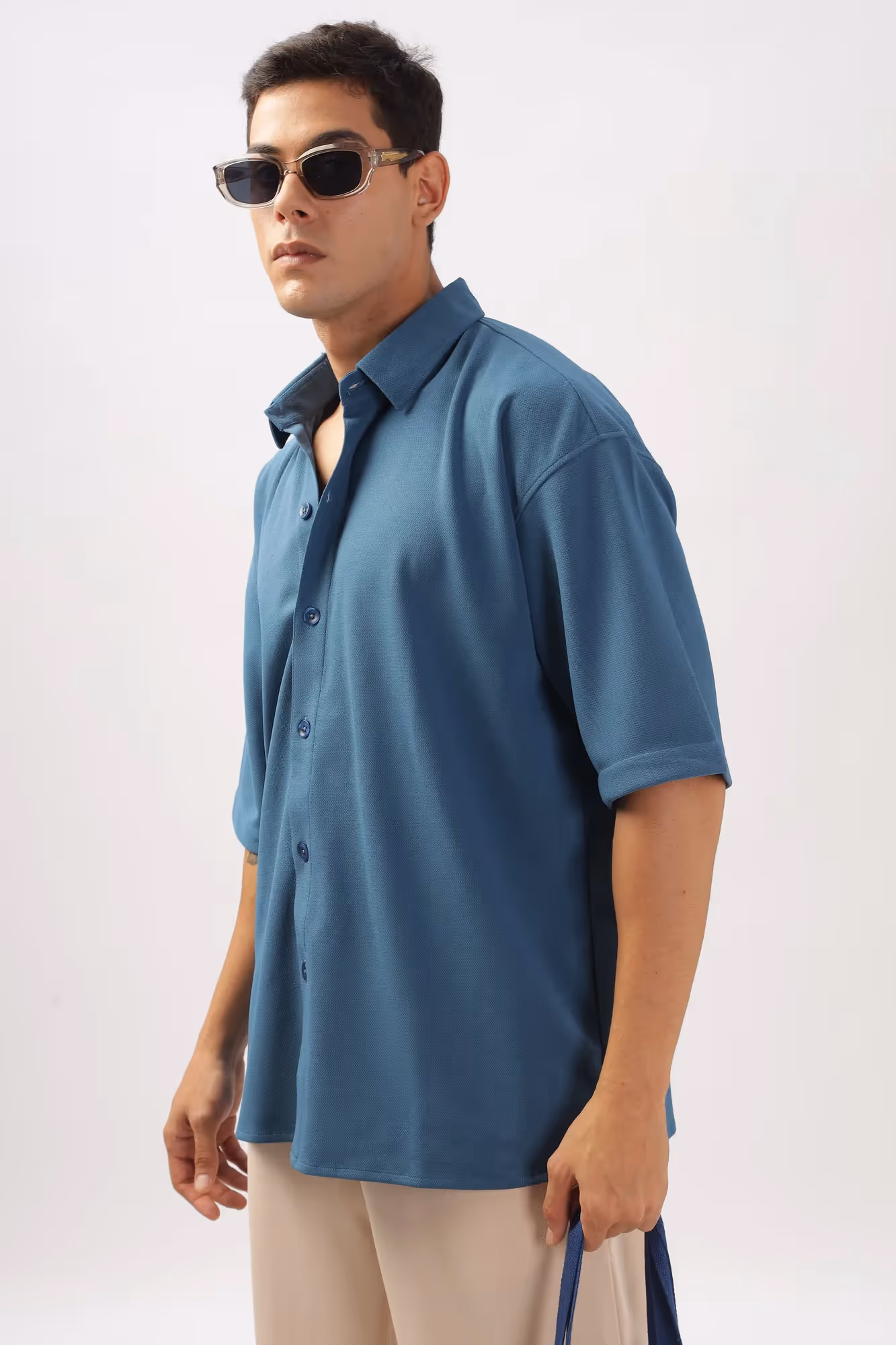 Solid Cotton Blend Oversized Shirt Lagoon  image 6