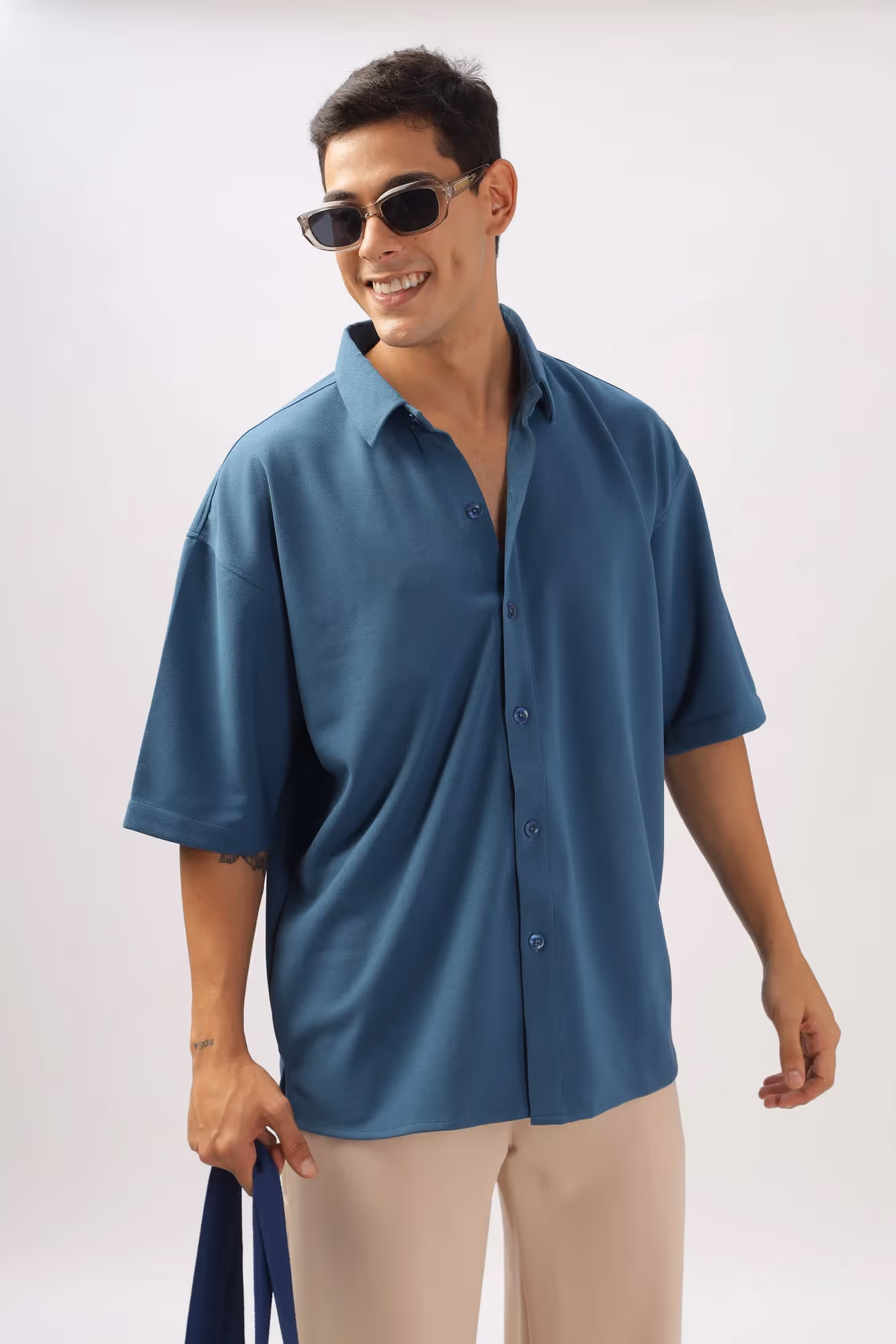 Solid Cotton Blend Oversized Shirt Lagoon  image 8