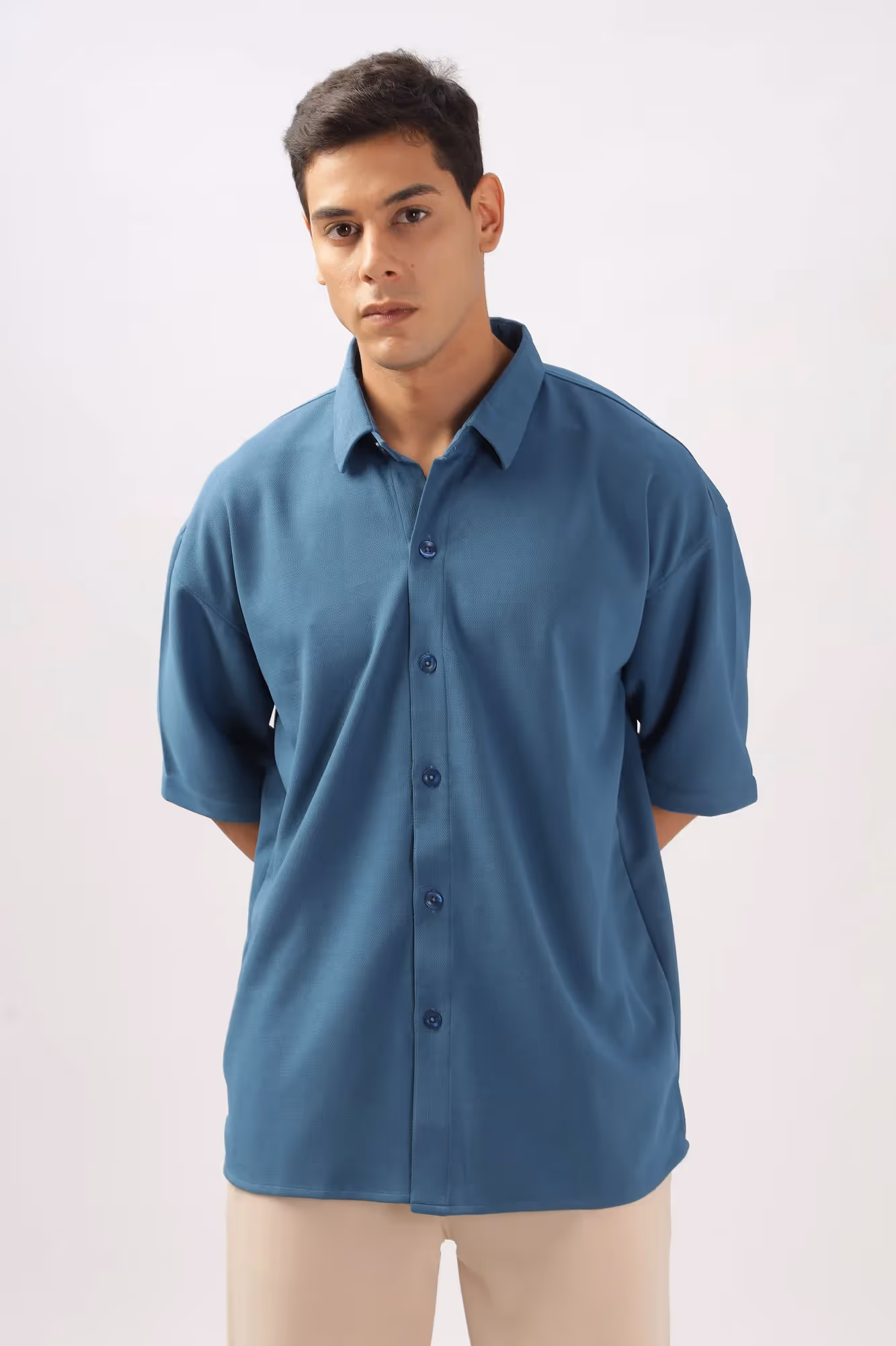 Solid Cotton Blend Oversized Shirt Lagoon  image 9