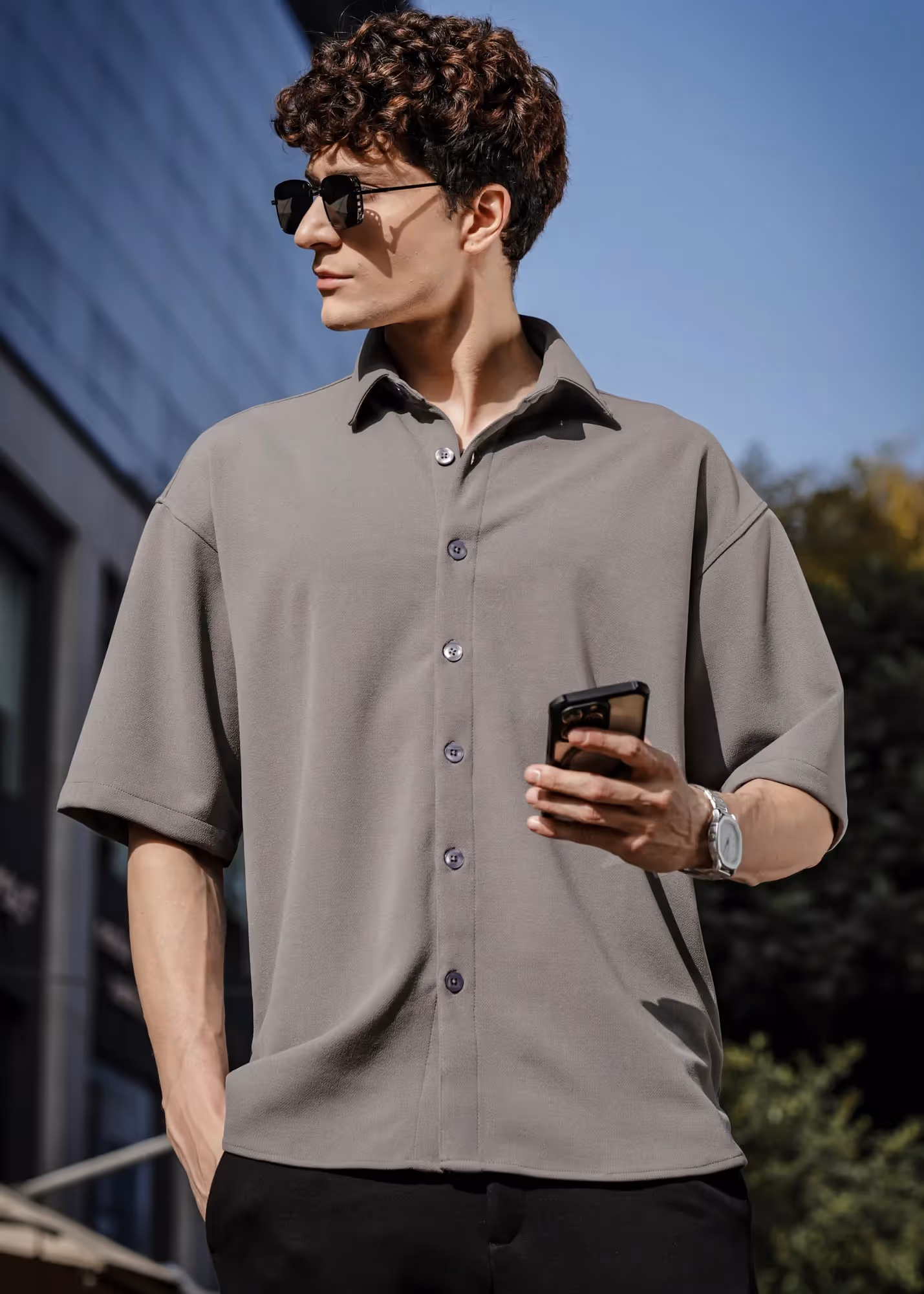 Solid Cotton Blend Oversized Shirt Lunar  image 2