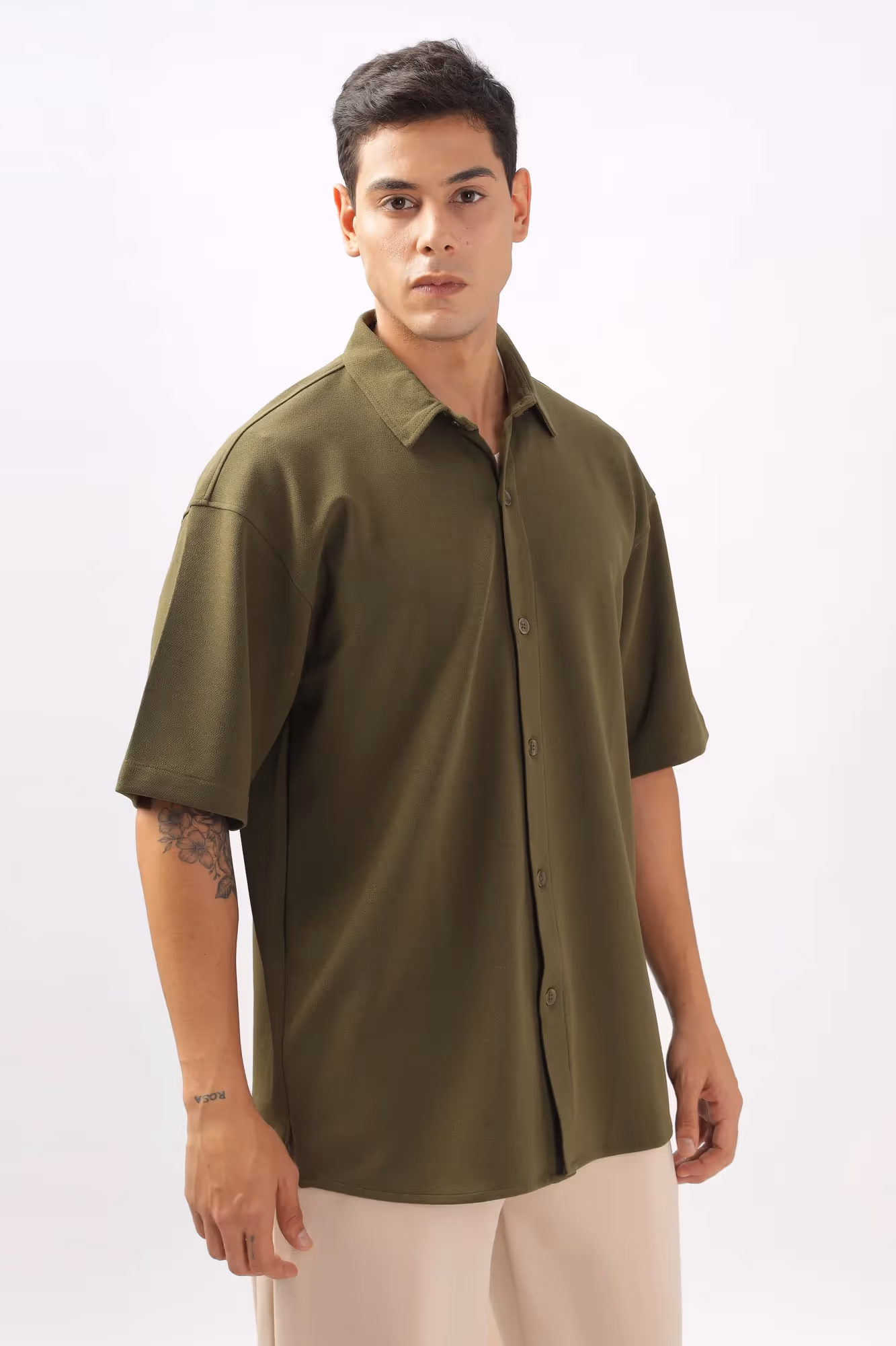 Solid Cotton Blend Oversized Shirt Mangrove  image 1