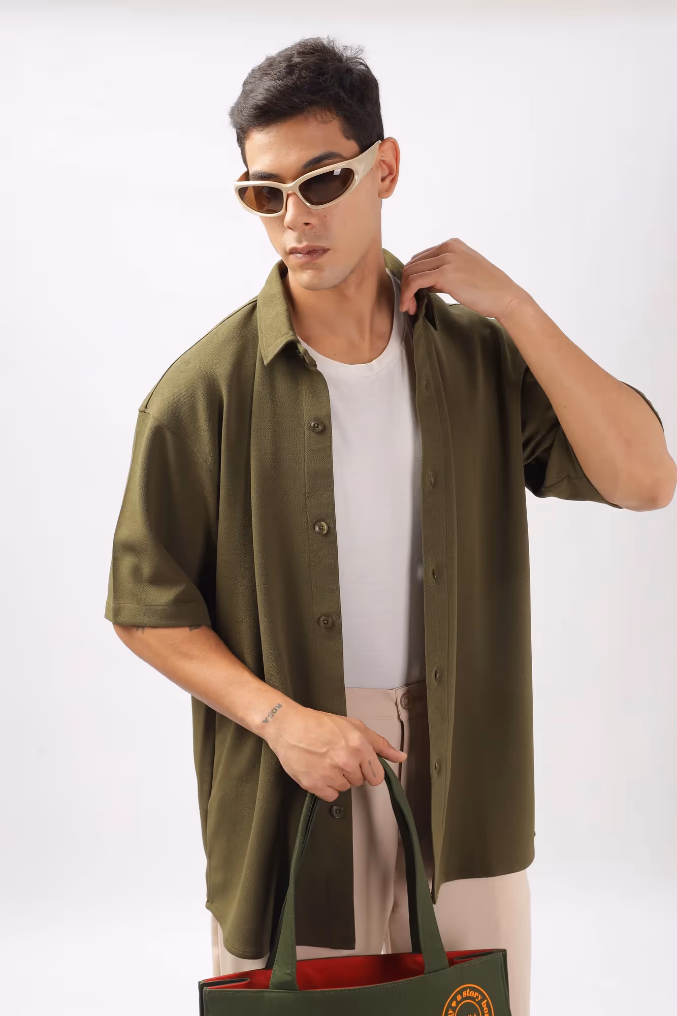 Solid Cotton Blend Oversized Shirt Mangrove  image 3