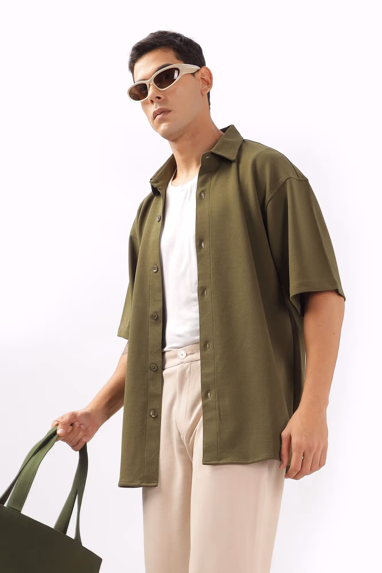 Solid Cotton Blend Oversized Shirt Mangrove  image 7