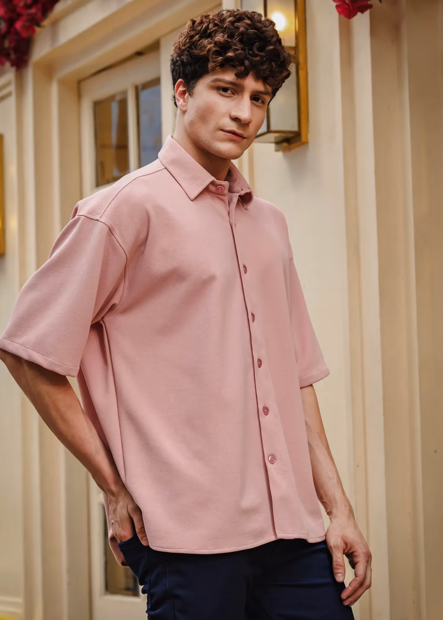 Solid Cotton Blend Oversized Shirt Rosé  image 2