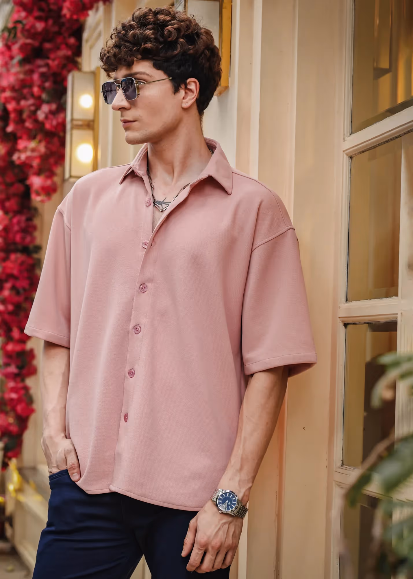 Solid Cotton Blend Oversized Shirt Rosé  image 5